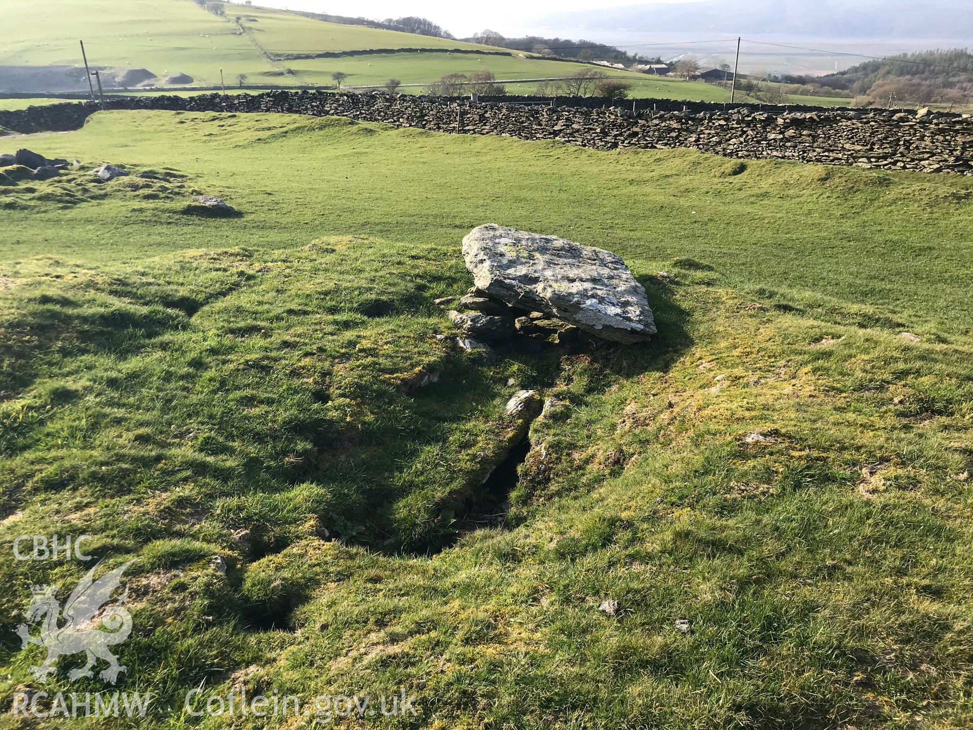 Colour photograph of Bedd Taliesin cairn Tre Taliesin, between Machynlleth and Aberystwyth, taken by Paul R. Davis on 28th March 2019.