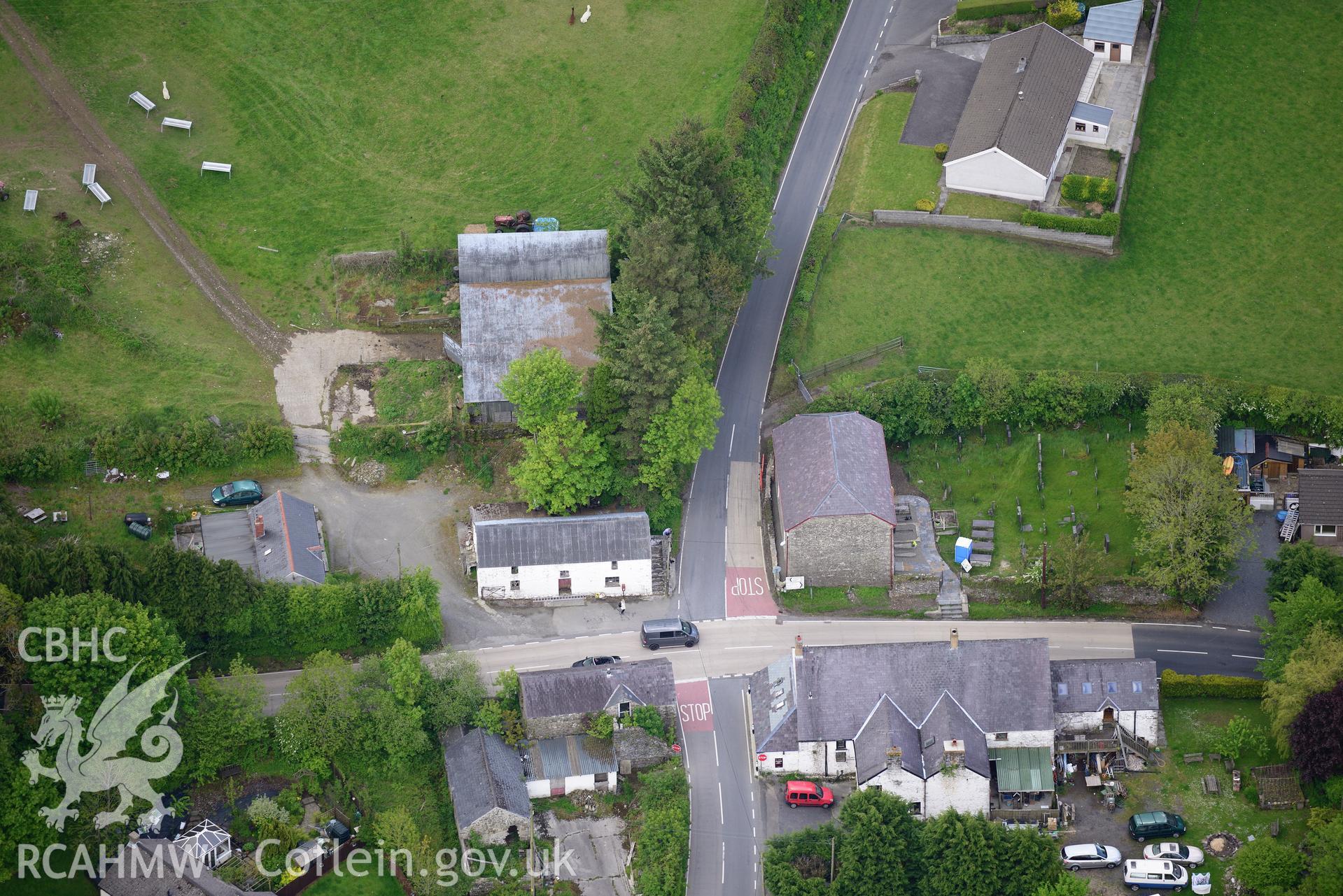 The village of Rhydowen, showing Yr Hen Gapel; Allyrodyn Arms and Alltyrodyn Arms pigsty and stable. Oblique aerial photograph taken during the Royal Commission's programme of archaeological aerial reconnaissance by Toby Driver on 3rd June 2015.