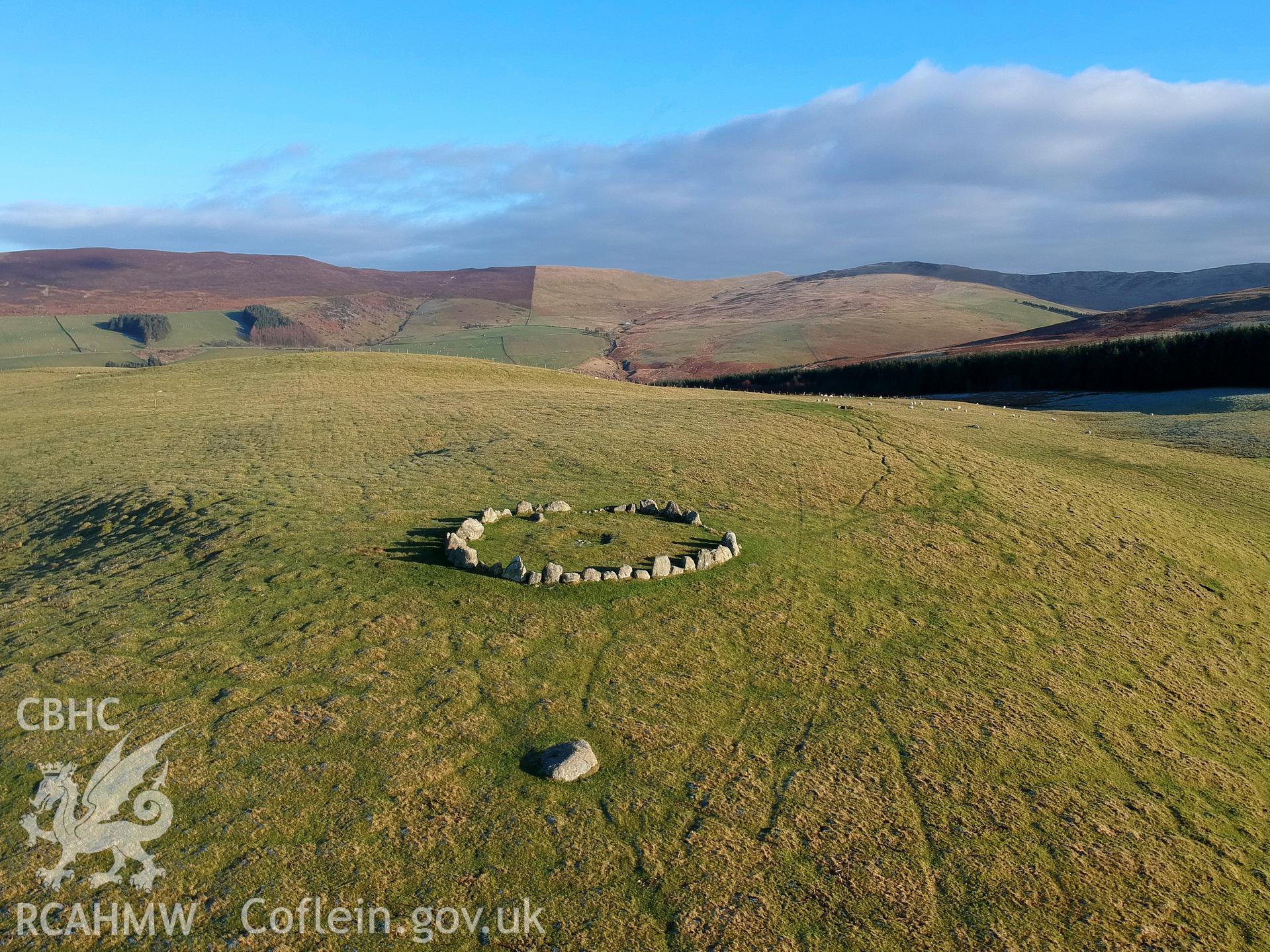 Aerial view from the east of Moel Ty-Uchaf kerb circle, Llandrillo. Colour photograph taken by Paul R. Davis on 2nd January 2019.