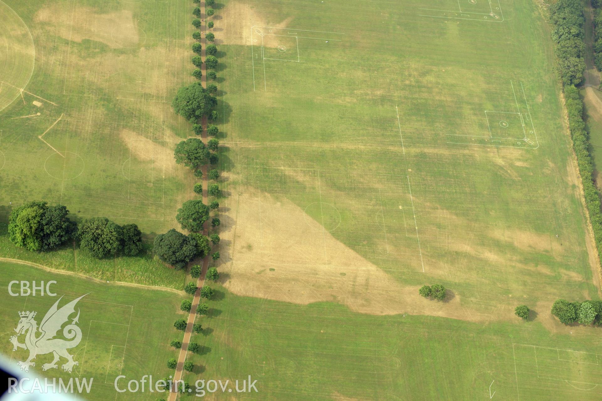 Royal Commission aerial photography of parchmarks in Pontcanna Fields recorded during drought conditions on 22nd July 2013.