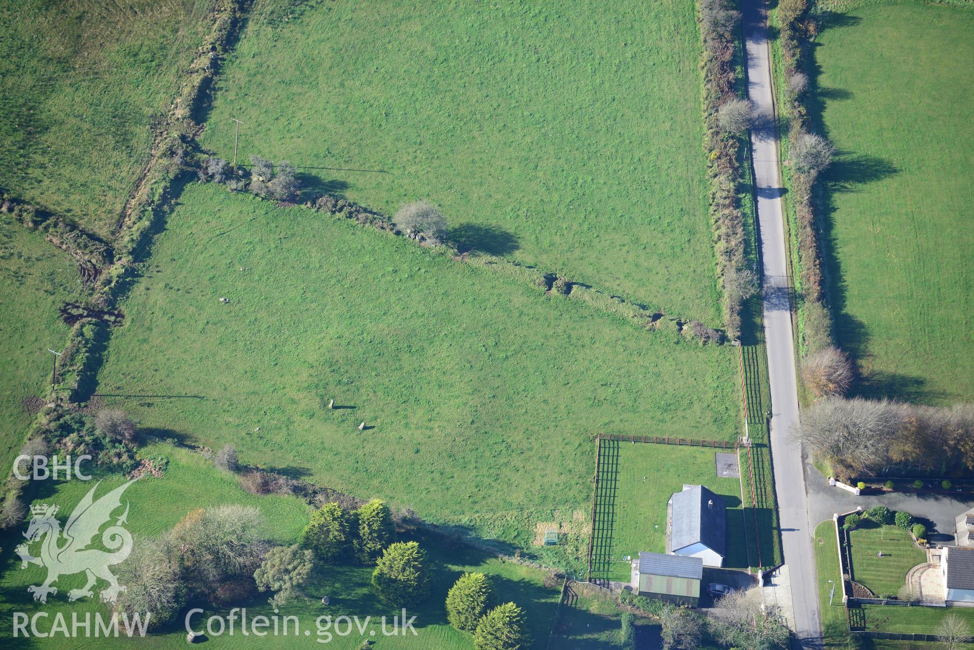 Meiny Gwyr stone circle, Glandy Cross, Narberth. Oblique aerial photograph taken during the Royal Commission's programme of archaeological aerial reconnaissance by Toby Driver on 2nd November 2015.