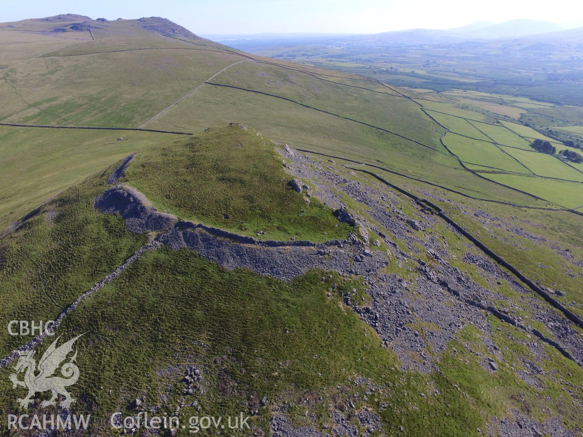 Aerial view of Pen-y-Gaer hillfort, near Llanaelhaearn, on the Llyn peninsula. Colour photograph taken by Paul R. Davis on 24th June 2018.