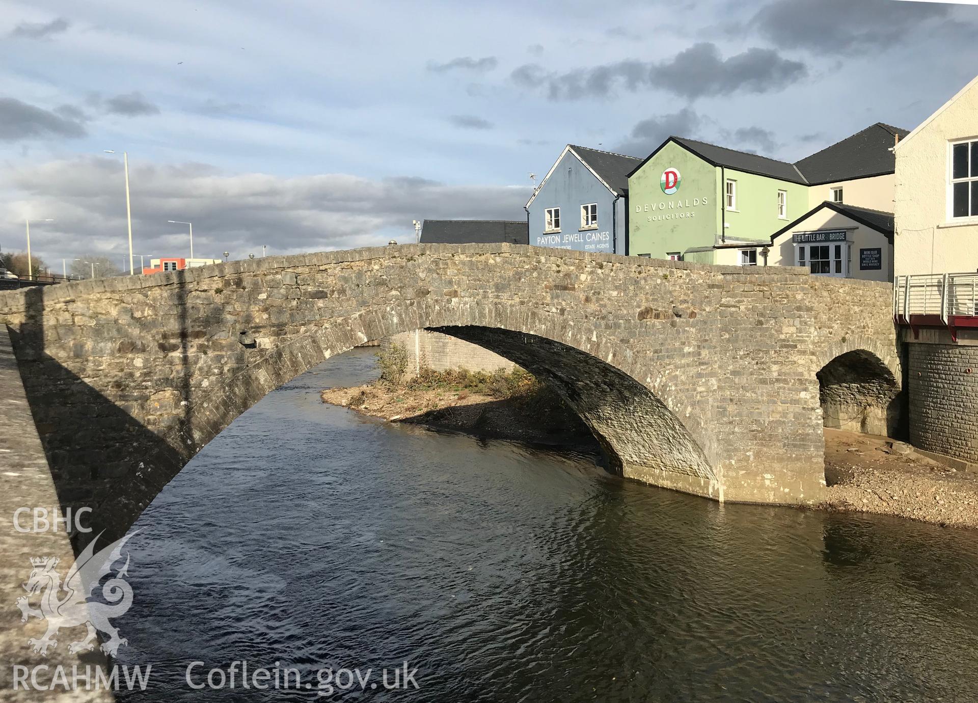 View of the Old Bridge crossing the river Ogwr at Bridgend. Colour photograph taken by Paul R. Davis on 14th November 2018.