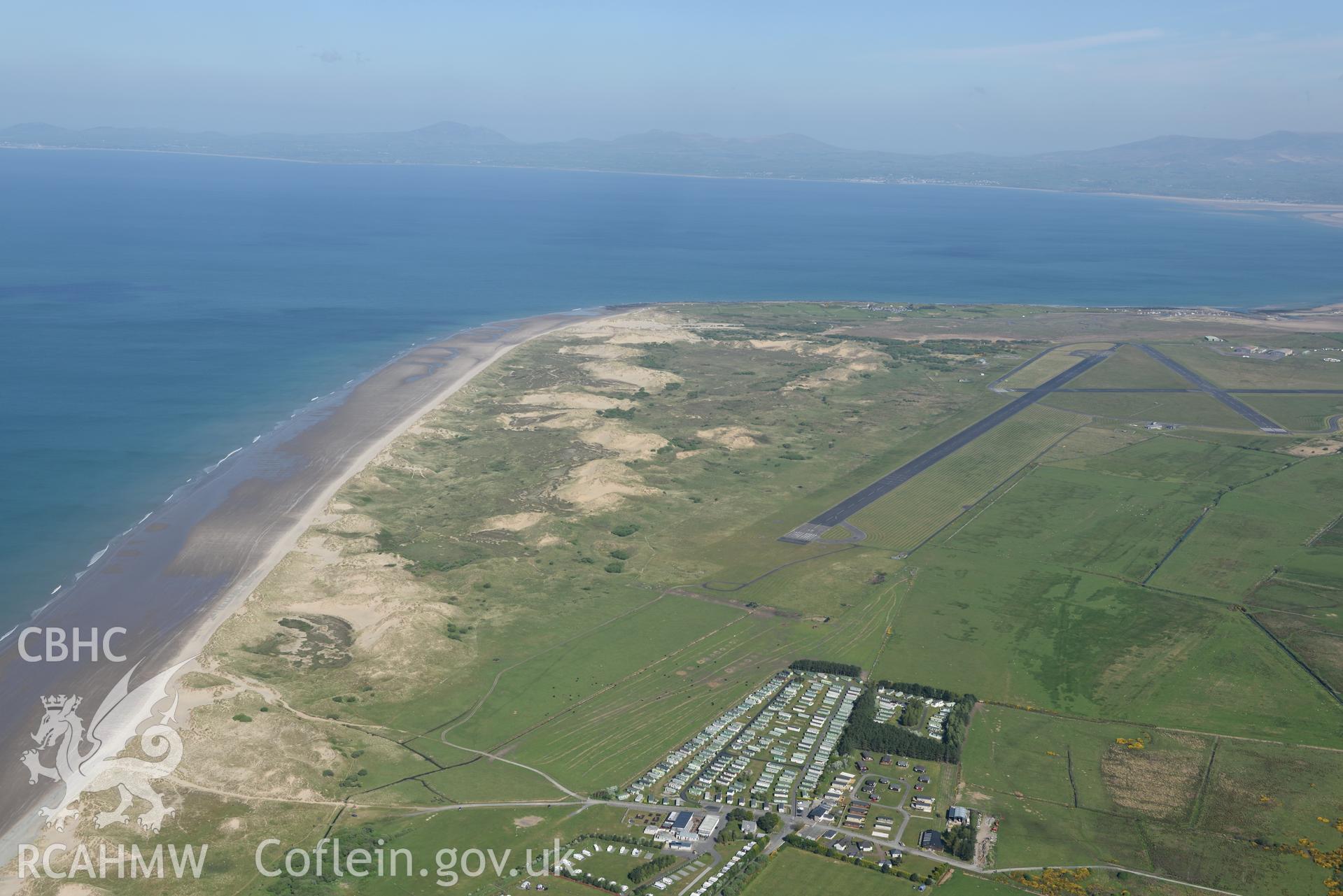 Aerial photography of Llanbedr Airfield taken on 3rd May 2017.  Baseline aerial reconnaissance survey for the CHERISH Project. ? Crown: CHERISH PROJECT 2017. Produced with EU funds through the Ireland Wales Co-operation Programme 2014-2020. All material made freely available through the Open Government Licence.