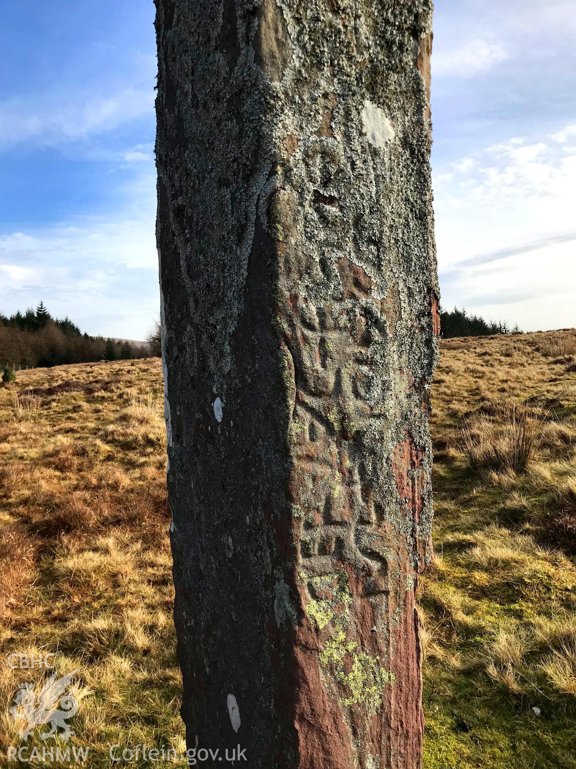 Colour photograph of Maen Madoc inscribed stone and roman road, in the Brecon Beacons north west of Merthyr Tydfil, taken by Paul R. Davis on 22nd February 2019.