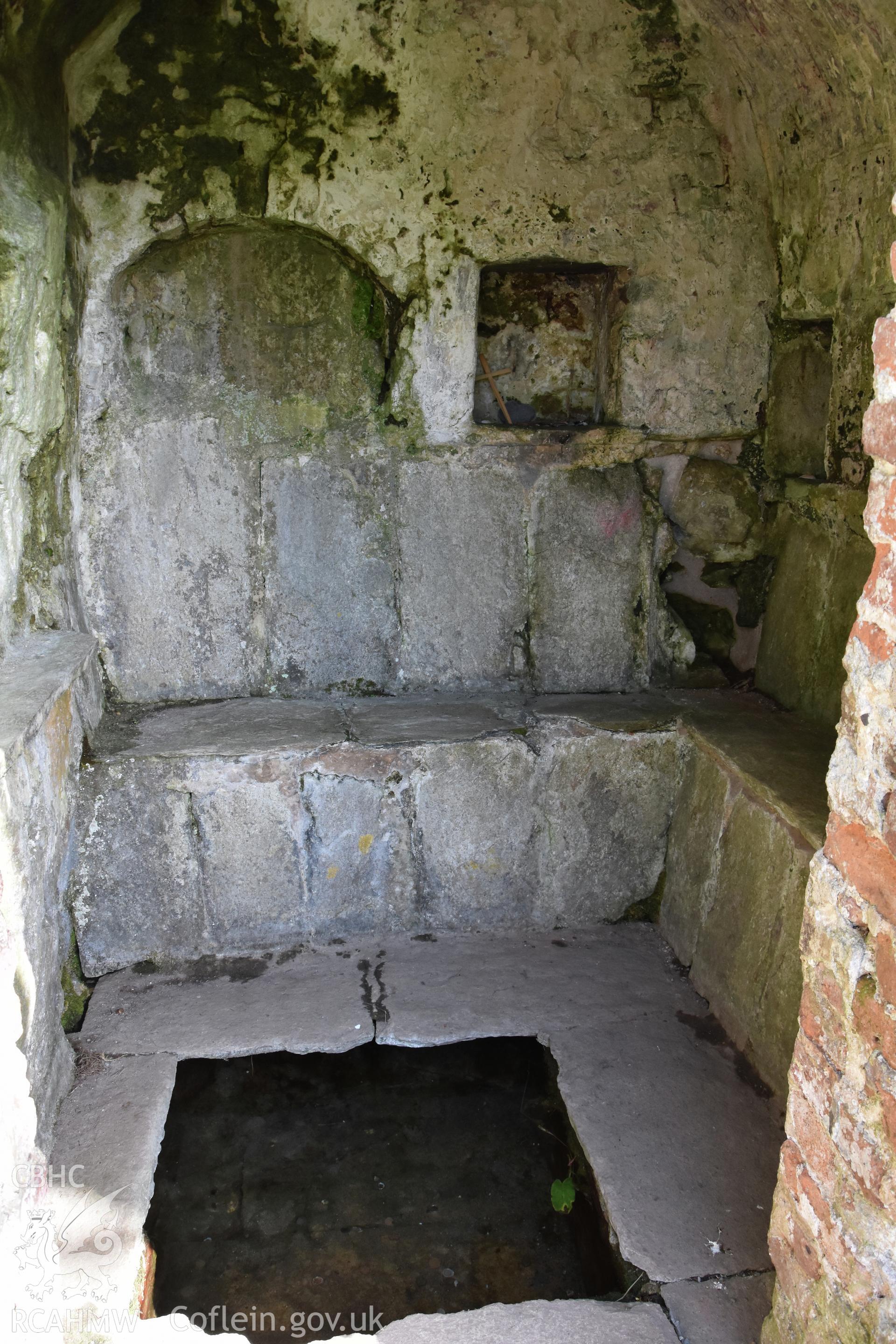 Investigator's photographic survey of St Seiriol's Well for the CHERISH Project. ? Crown: CHERISH PROJECT 2019. Produced with EU funds through the Ireland Wales Co-operation Programme 2014-2020. All material made freely available through the Open Government Licence.