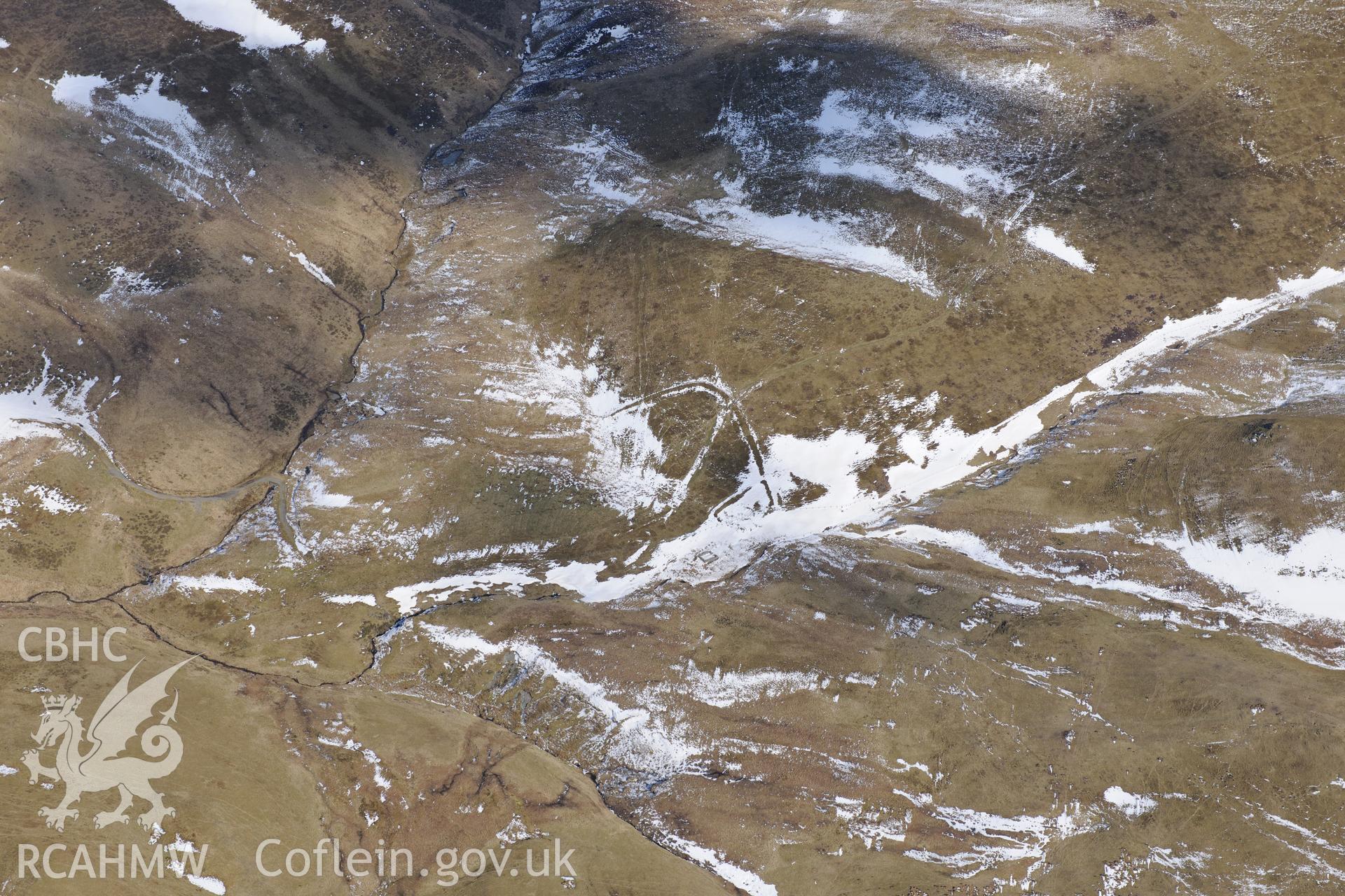 Esgair Naint and Nant yr Helygen deserted rural settlements, south west of Ponterwyd. Oblique aerial photograph taken during the Royal Commission's programme of archaeological aerial reconnaissance by Toby Driver on 2nd April 2013.