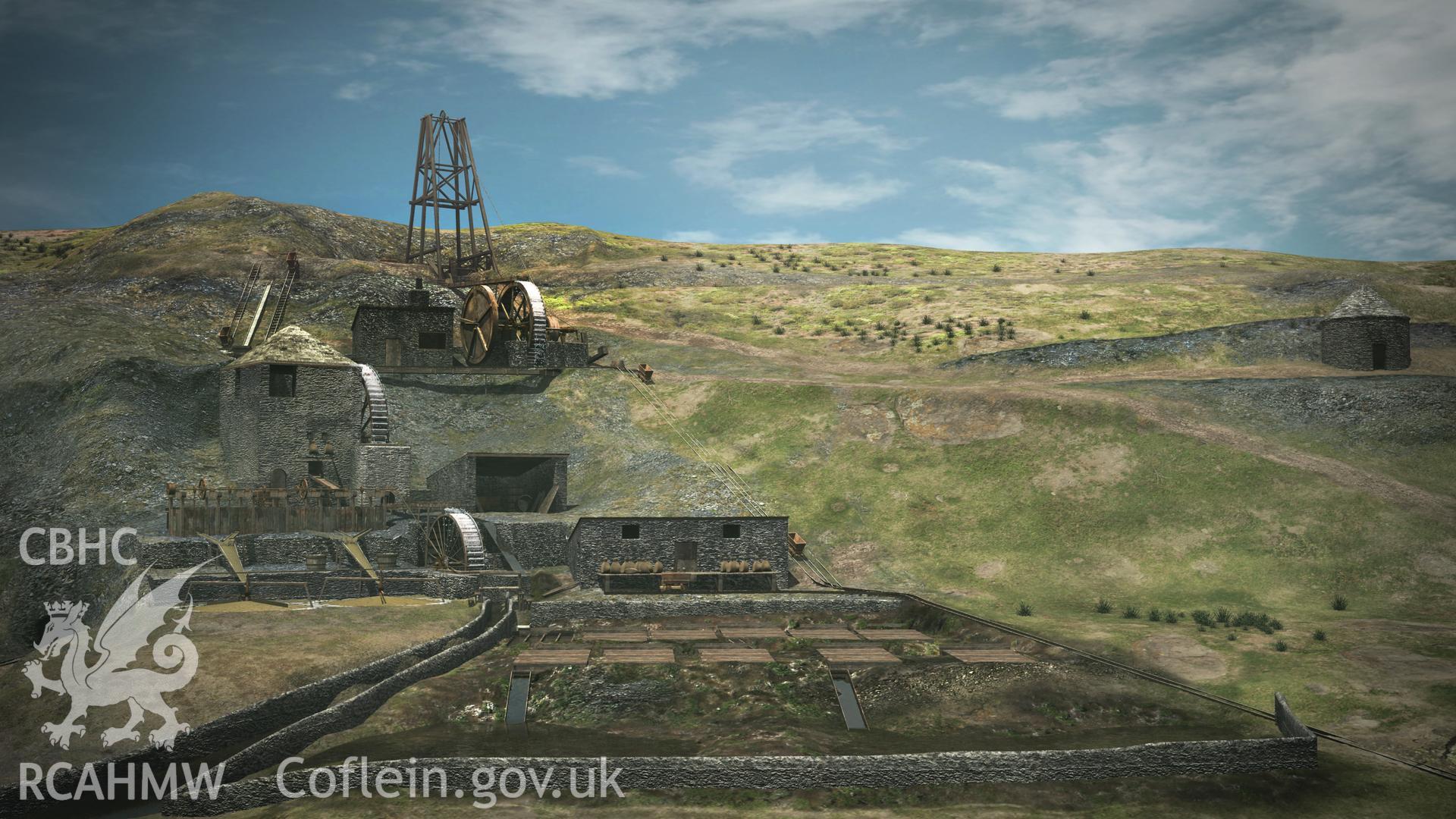 Still from computer animation showing reconstruction of Ystrad Einion metal mine looking west across the processing floor at the shaft head, crusher house, jiggers, buddles and settling troughs and ponds.