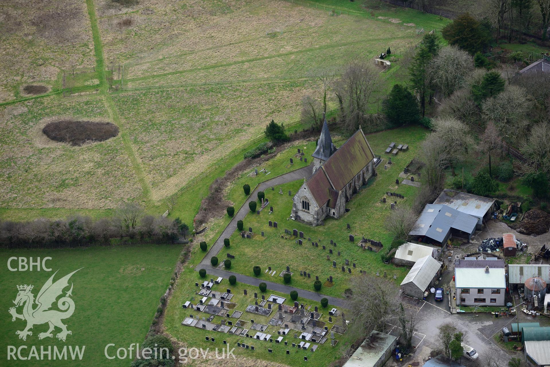 St. Cynllo's church, Llangynllo, near Newcastle Emlyn. Oblique aerial photograph taken during the Royal Commission's programme of archaeological aerial reconnaissance by Toby Driver on 13th March 2015.