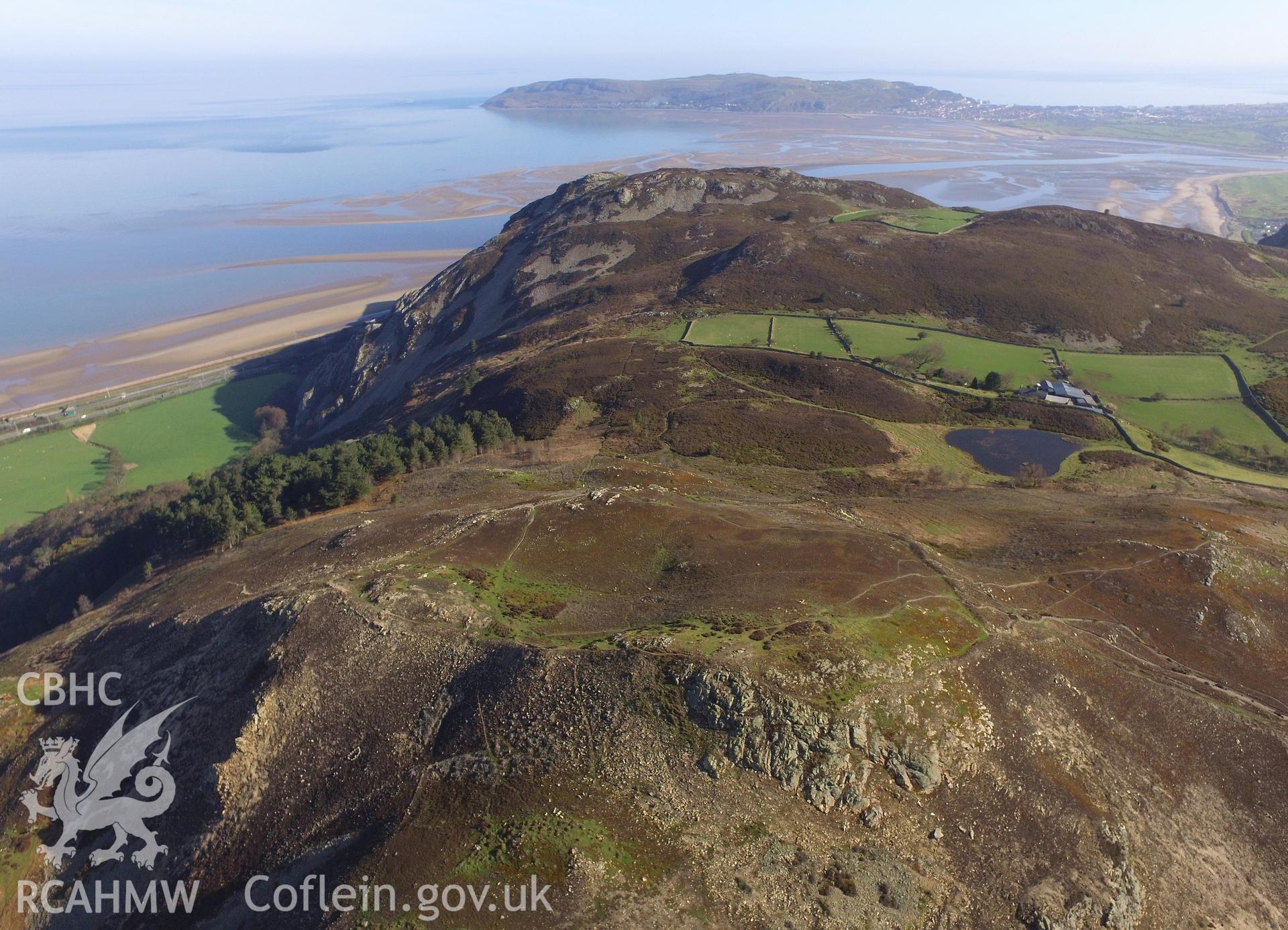 Colour photo showing view of Dinas Allt Wen, a hillfort above Dwygyfylchi, Penmaenmawr, taken by Paul R. Davis, 19th April 2018.