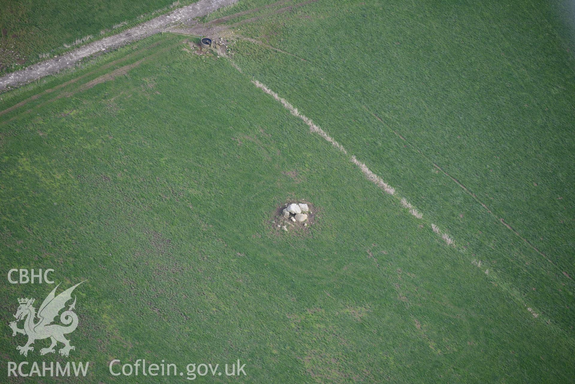 Trellyffaint burial chamber, near Nevern, Fishguard. Oblique aerial photograph taken during the Royal Commission's programme of archaeological aerial reconnaissance by Toby Driver on 13th March 2015.