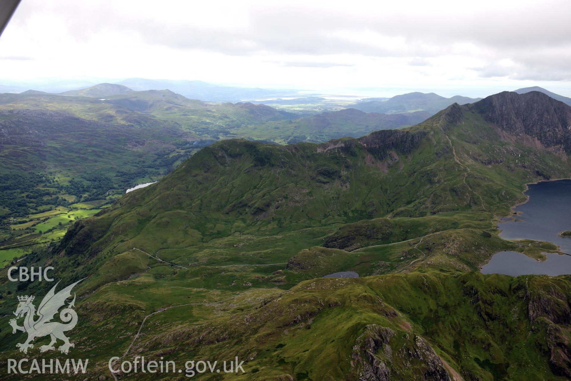 Llyn Llydaw, Snowdon. Oblique aerial photograph taken during the Royal Commission's programme of archaeological aerial reconnaissance by Toby Driver on 30th July 2015.