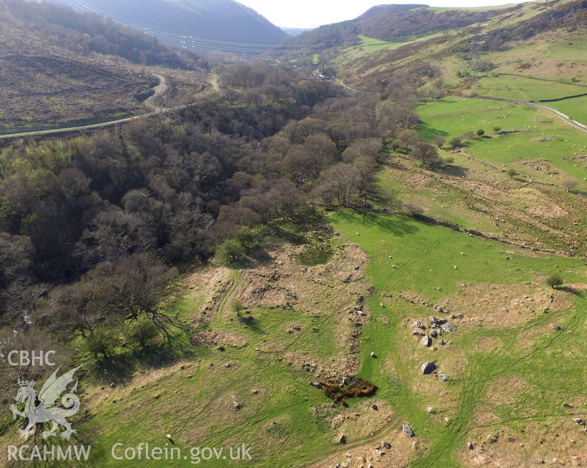 Colour photograph showing the remains of a settlement at Hafod-y-Gelyn, near Aber, taken by Paul R. Davis on 19th April 2018.