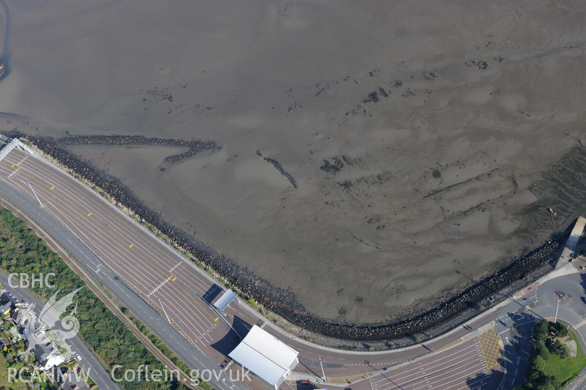 Fishguard Harbour north-west fish trap. Oblique aerial photograph taken during the Royal Commission's programme of archaeological aerial reconnaissance by Toby Driver on 30th September 2015.