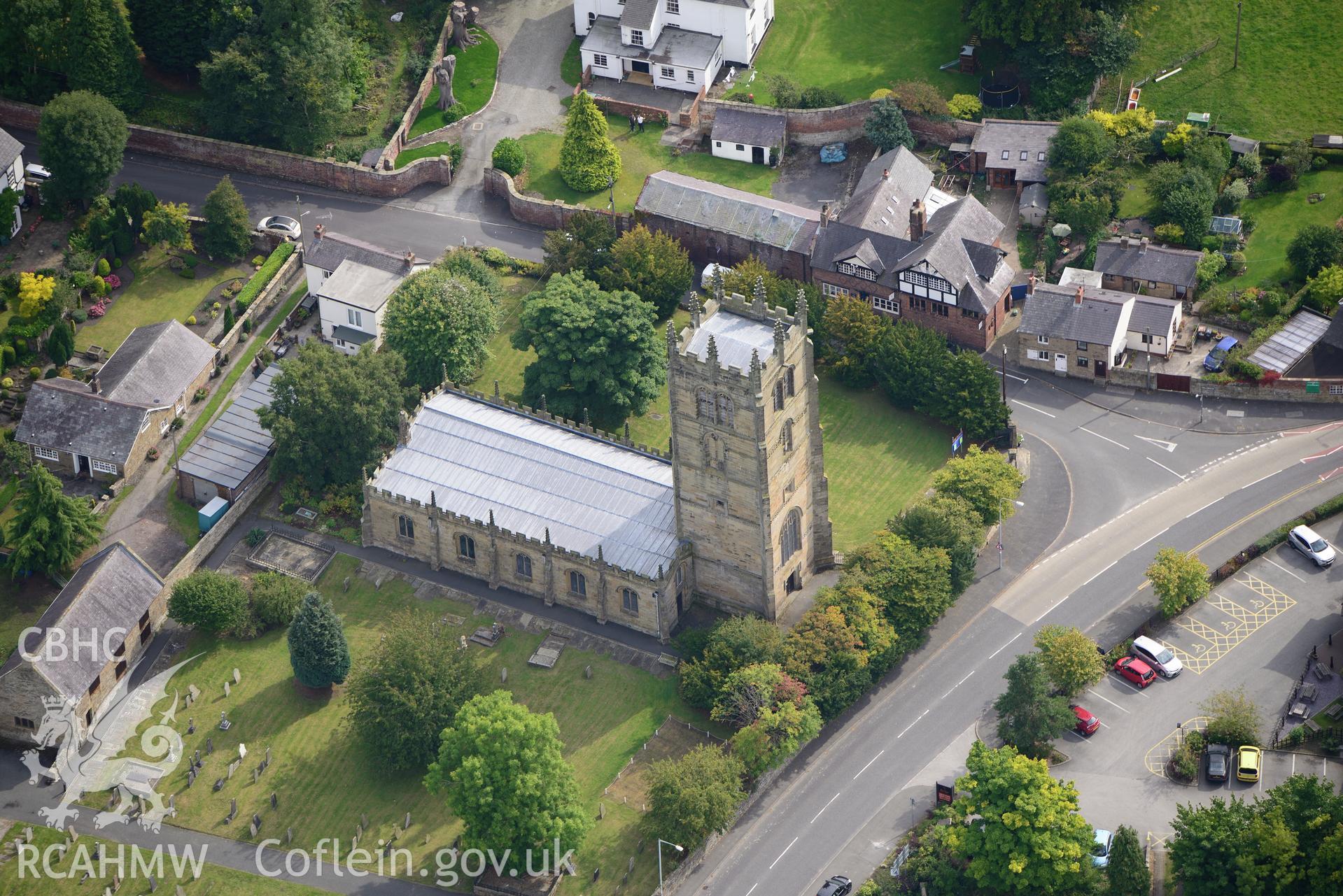 Church of St. Eurgain and St. Peter, Northop, near Connah's Quay. Oblique aerial photograph taken during the Royal Commission's programme of archaeological aerial reconnaissance by Toby Driver on 11th September 2015.