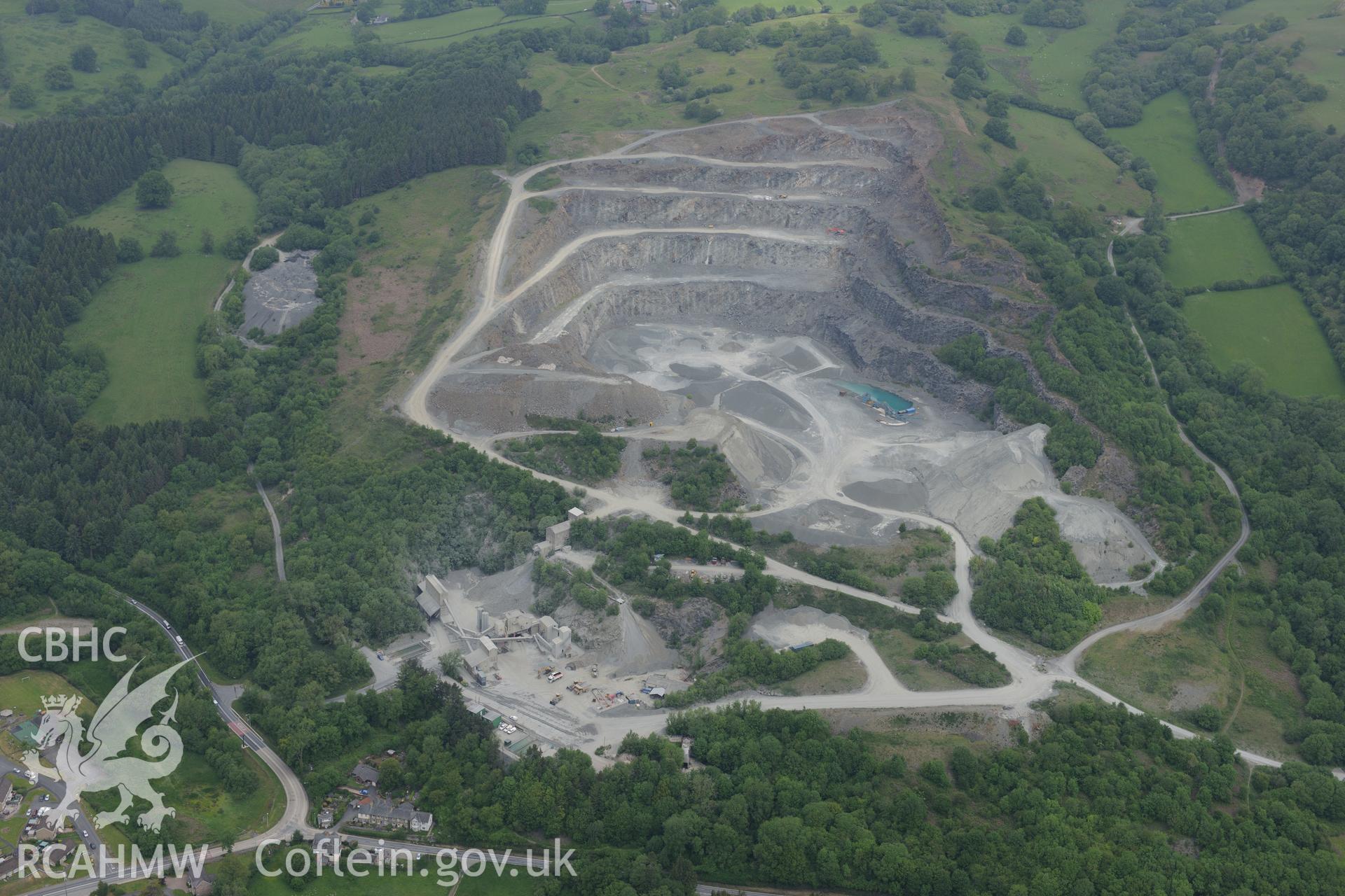 Llanelwedd stone quarry. Oblique aerial photograph taken during the Royal Commission's programme of archaeological aerial reconnaissance by Toby Driver on 11th June 2015.