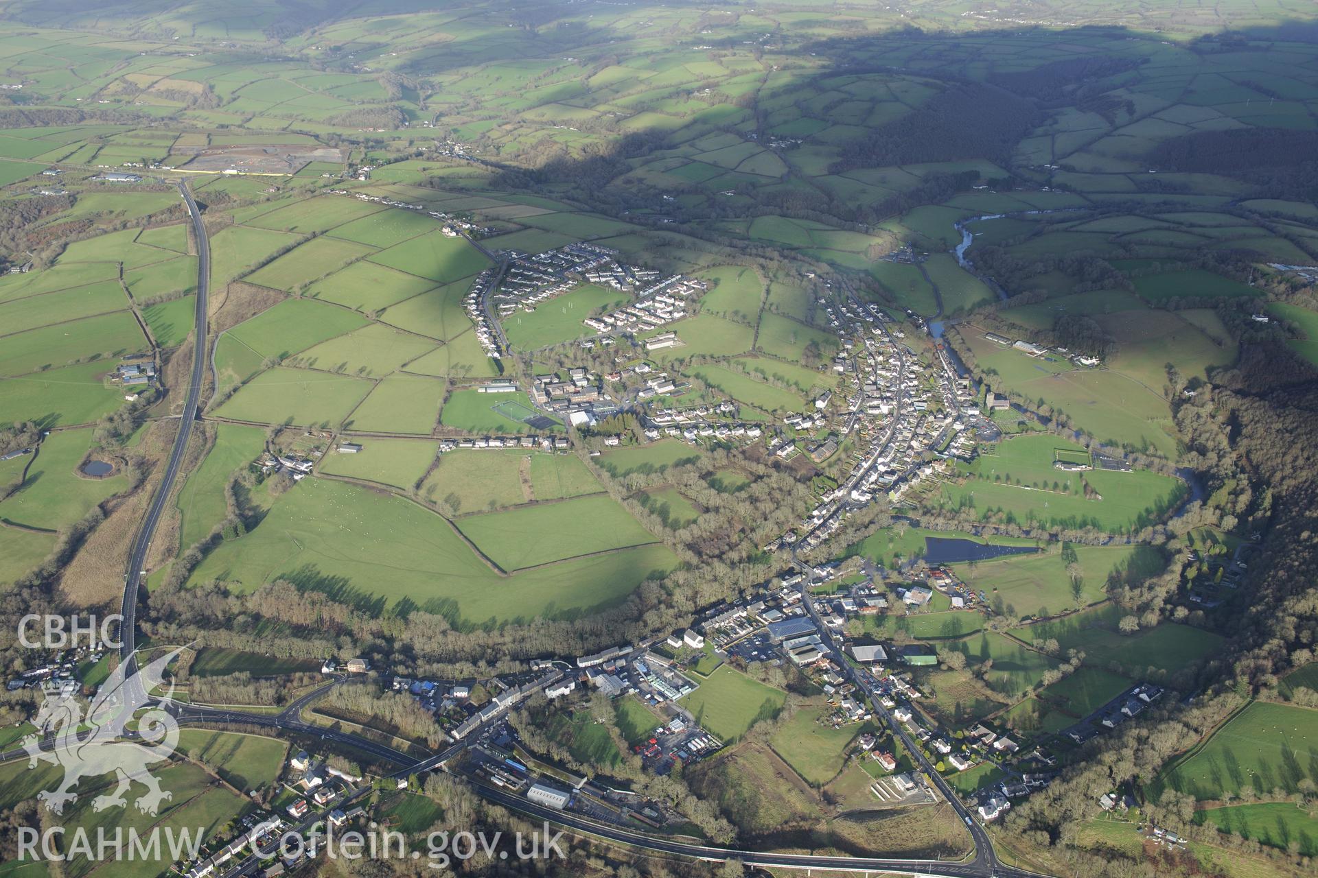 Gilfachwen Mansion; Gilfachwern Isaf; Penybont Chapel; St Tysul's Church; Ffrwdwen Mills; Gilfachwen defended enclosure. Oblique aerial photograph taken during the Royal Commission?s programme of archaeological aerial reconnaissance by T. Driver on 6/1/15