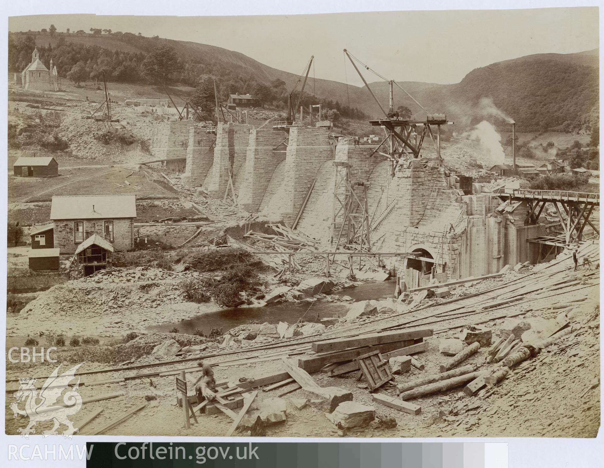 Digital copy of an albumen print from Edward Hubbard Collection showing Garreg Ddu Dam and left ridge from the left bank looking upstream, taken September 1898.