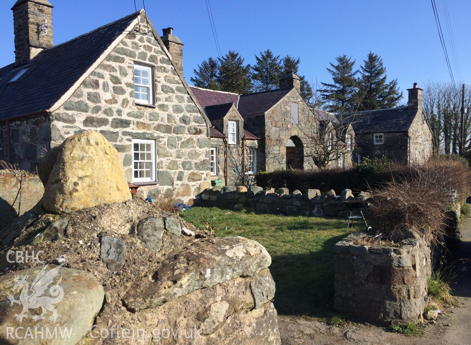 Colour photo showing view of Elusendai Price/ Charles Jones' Almshouses, Llangybi taken by Paul R. Davis, 28th February 2018.