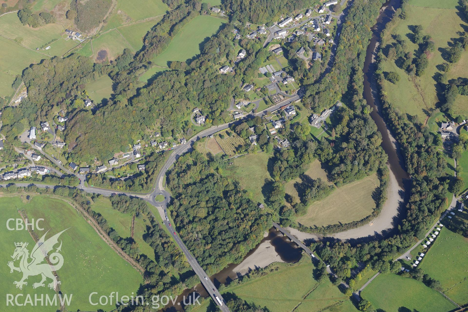 St. Illtyd's church and Llanelltyd bridge in Llanelltyd, near Dolgellau. Oblique aerial photograph taken during the Royal Commission's programme of archaeological aerial reconnaissance by Toby Driver on 2nd October 2015.