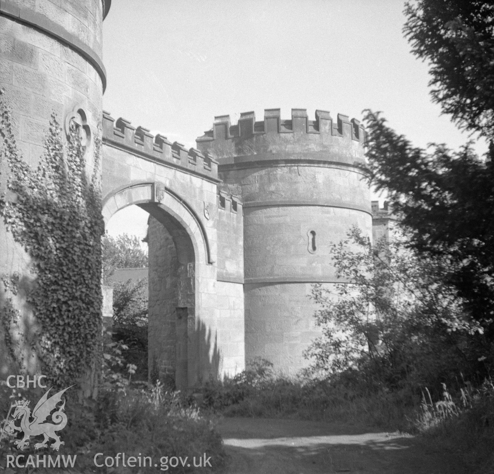 Digital copy of a nitrate negative showing exterior view of entrance gate at Nercwys Hall.