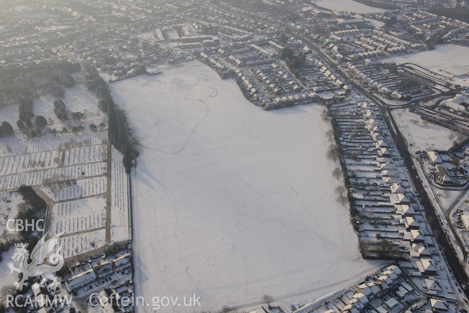 Buttrills playing field and Merthyr Dyfan burial ground, Barry. Oblique aerial photograph taken during the Royal Commission?s programme of archaeological aerial reconnaissance by Toby Driver on 24th January 2013.