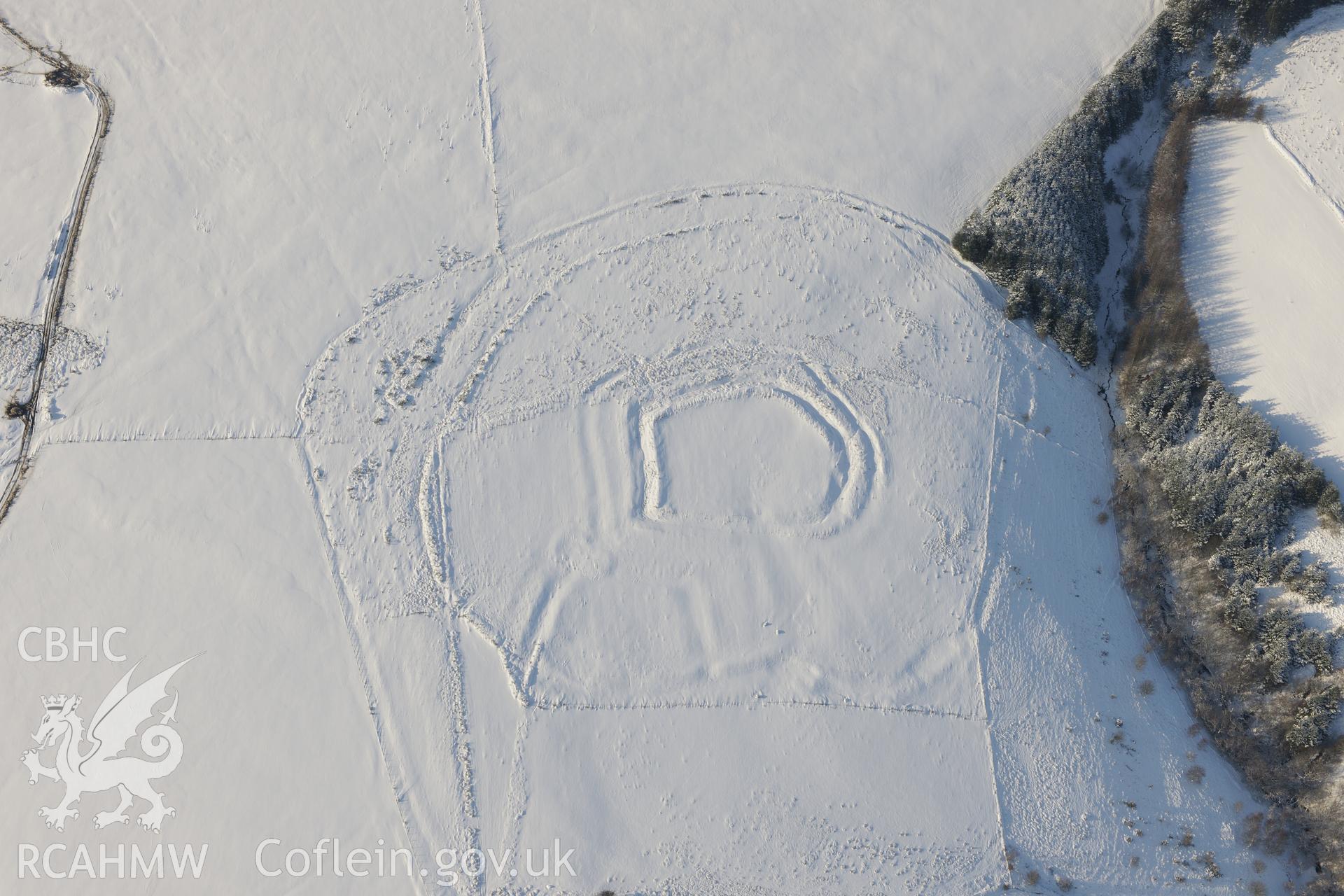 Y Bwlwarcau hillfort, on the eastern edge of Margam Forest, south of Maesteg. Oblique aerial photograph taken during the Royal Commission?s programme of archaeological aerial reconnaissance by Toby Driver on 24th January 2013.