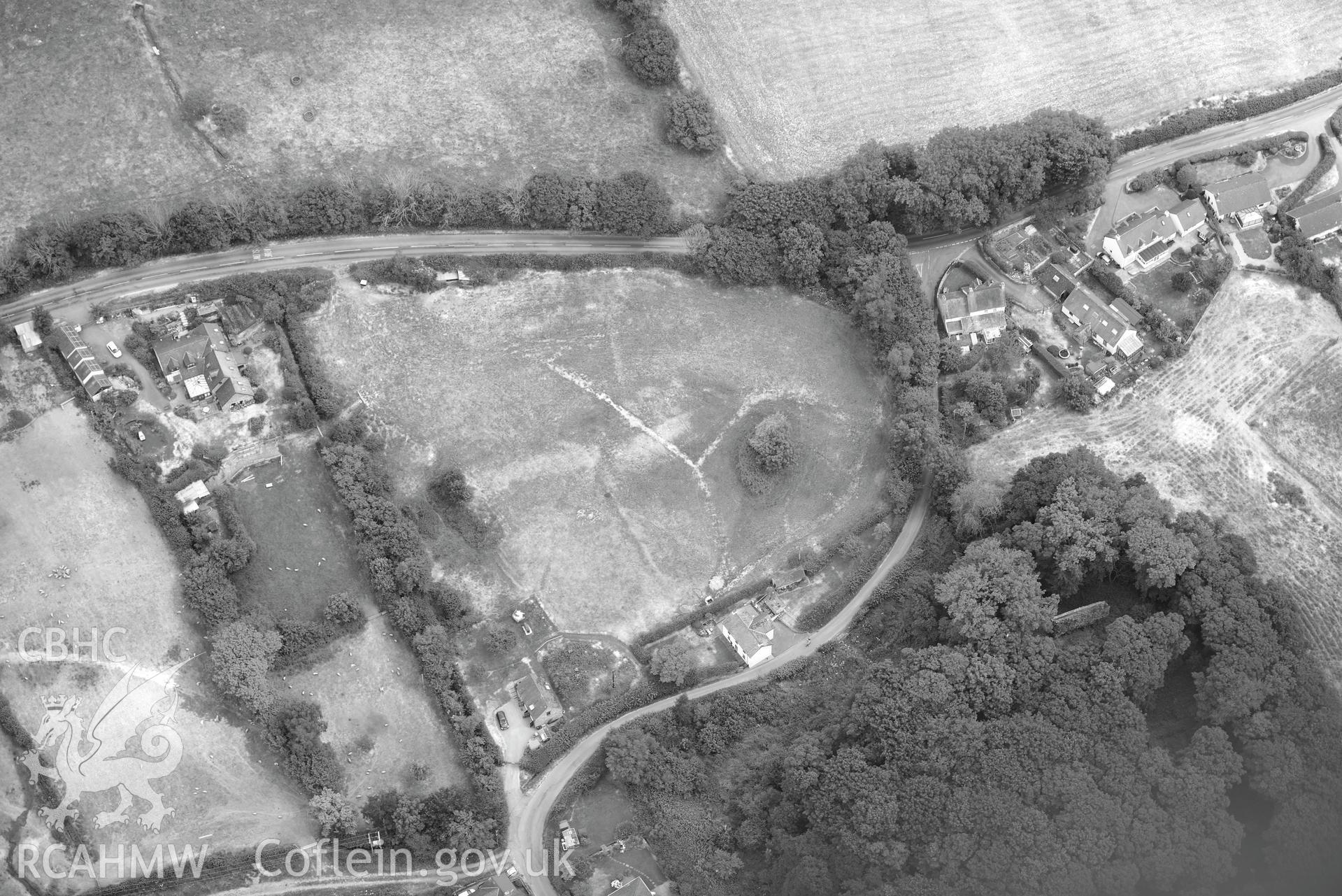 Royal Commission aerial photography of Blaenllynfi Castle taken on 19th July 2018 during the 2018 drought.