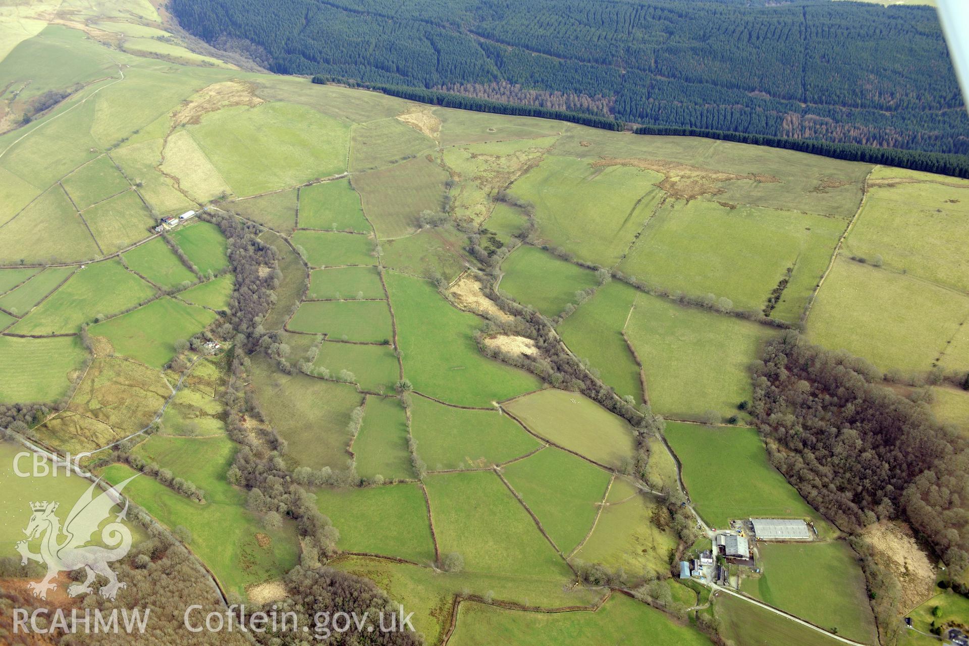 The Dolau Cothi Aqueduct in the Cothi valley, south east of Lampeter. Oblique aerial photograph taken during the Royal Commission?s programme of archaeological aerial reconnaissance by Toby Driver on 28th February 2013.