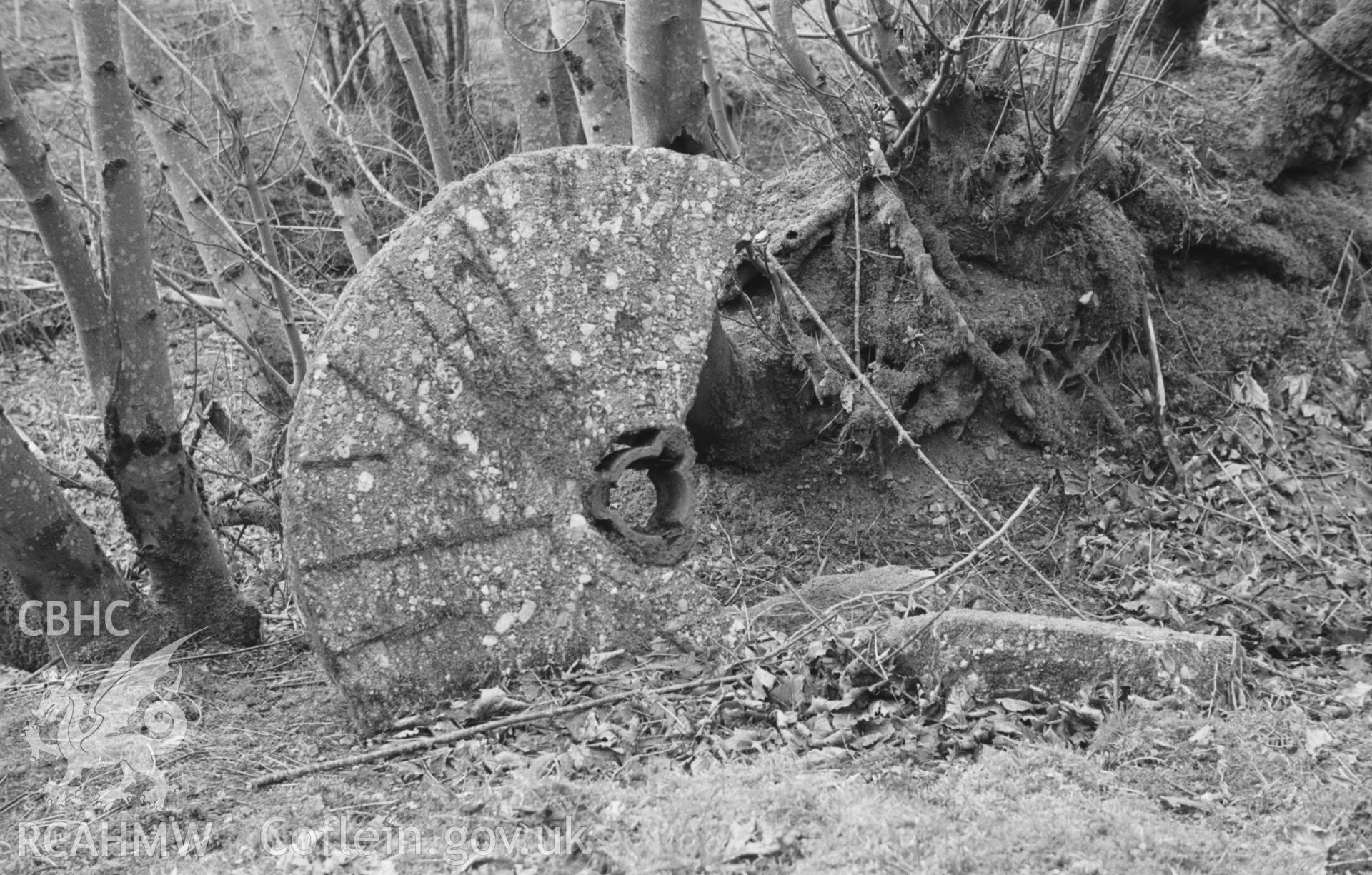 Digital copy of a black and white negative showing one of the millstones of Felin Blaenau, Moeddyn-Fach (now completely destroyed), in the Grannell valley. Photographed by Arthur O. Chater in April 1965 from Grid Reference SN 4755 5126.