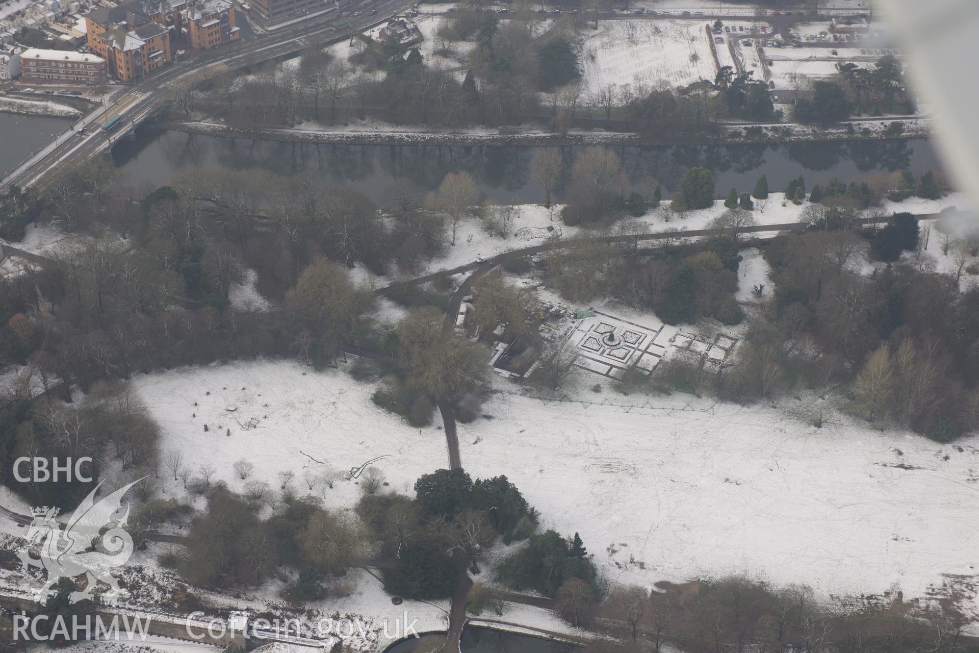 Blackfriars Dominican Priory, Bute Park, Cardiff. Oblique aerial photograph taken during the Royal Commission?s programme of archaeological aerial reconnaissance by Toby Driver on 24th January 2013.