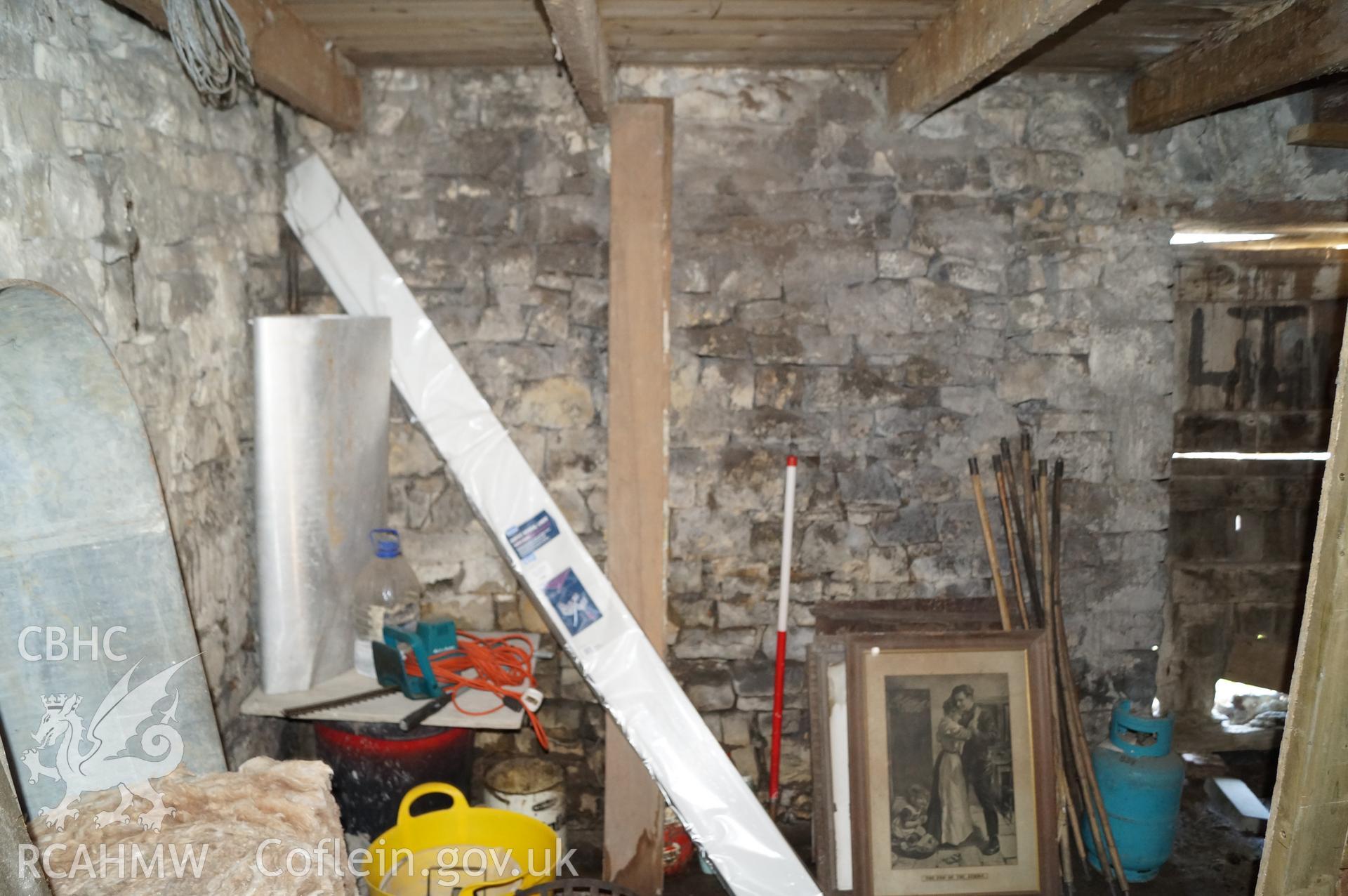 'Internal view looking north northwest at the western end of the northern wall of barn' at Rowley Court, Llantwit Major. Photograph & description by Jenny Hall & Paul Sambrook of Trysor, 25th May 2017.