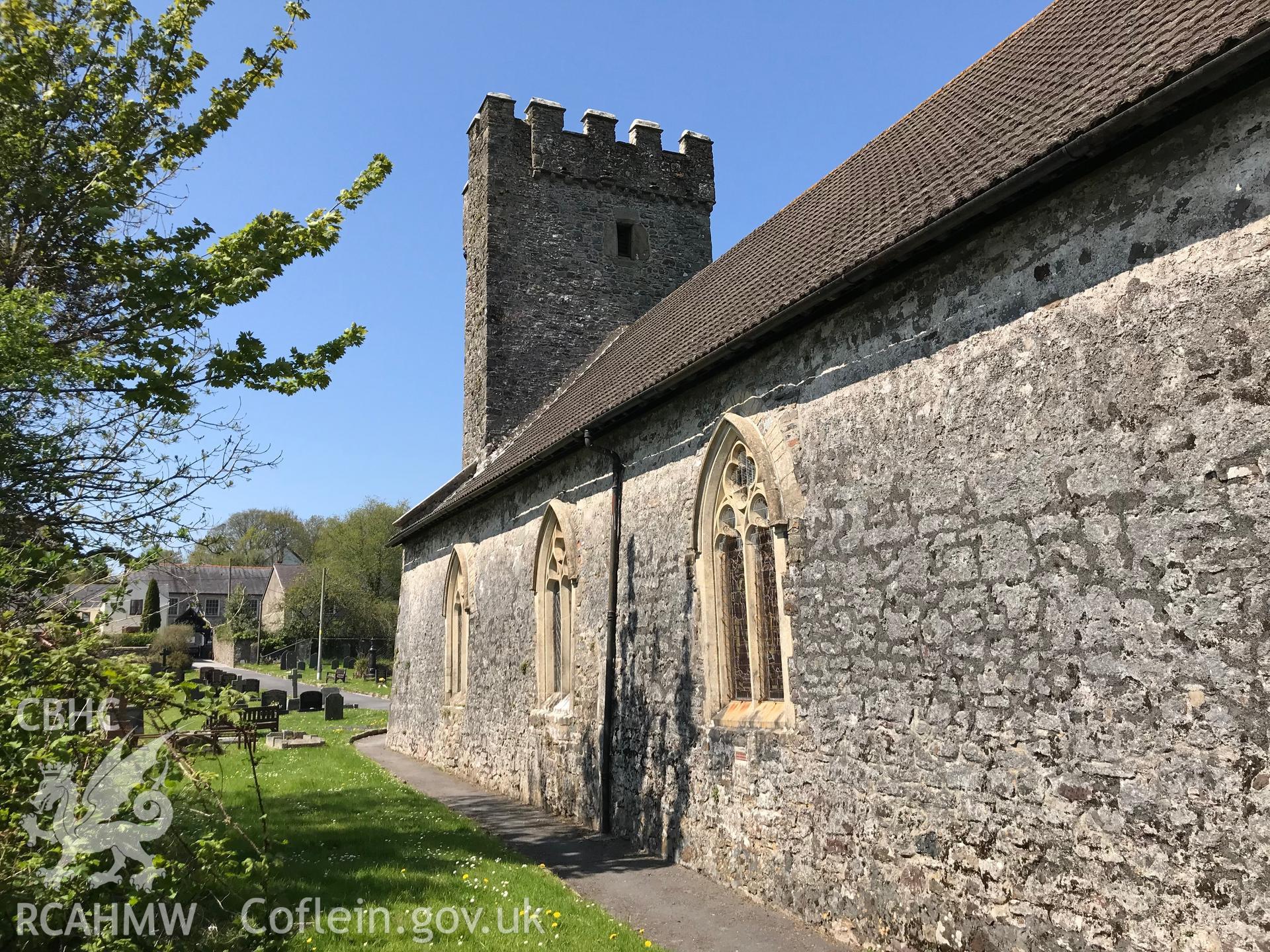 Colour photo showing exterior view of St. Mary Magdalene's or St. Clara's church at St. Clears, taken by Paul R. Davis, 6th May 2018.