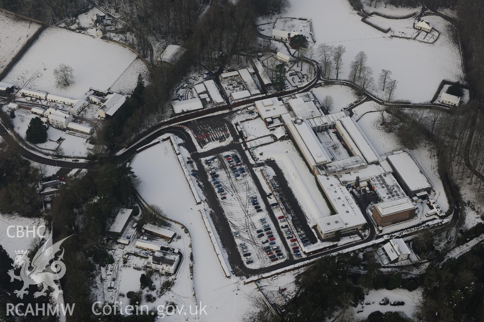 The main building and museum entrance at St Fagans Mueseum of Welsh Life. Oblique aerial photograph taken during the Royal Commission?s programme of archaeological aerial reconnaissance by Toby Driver on 24th January 2013.