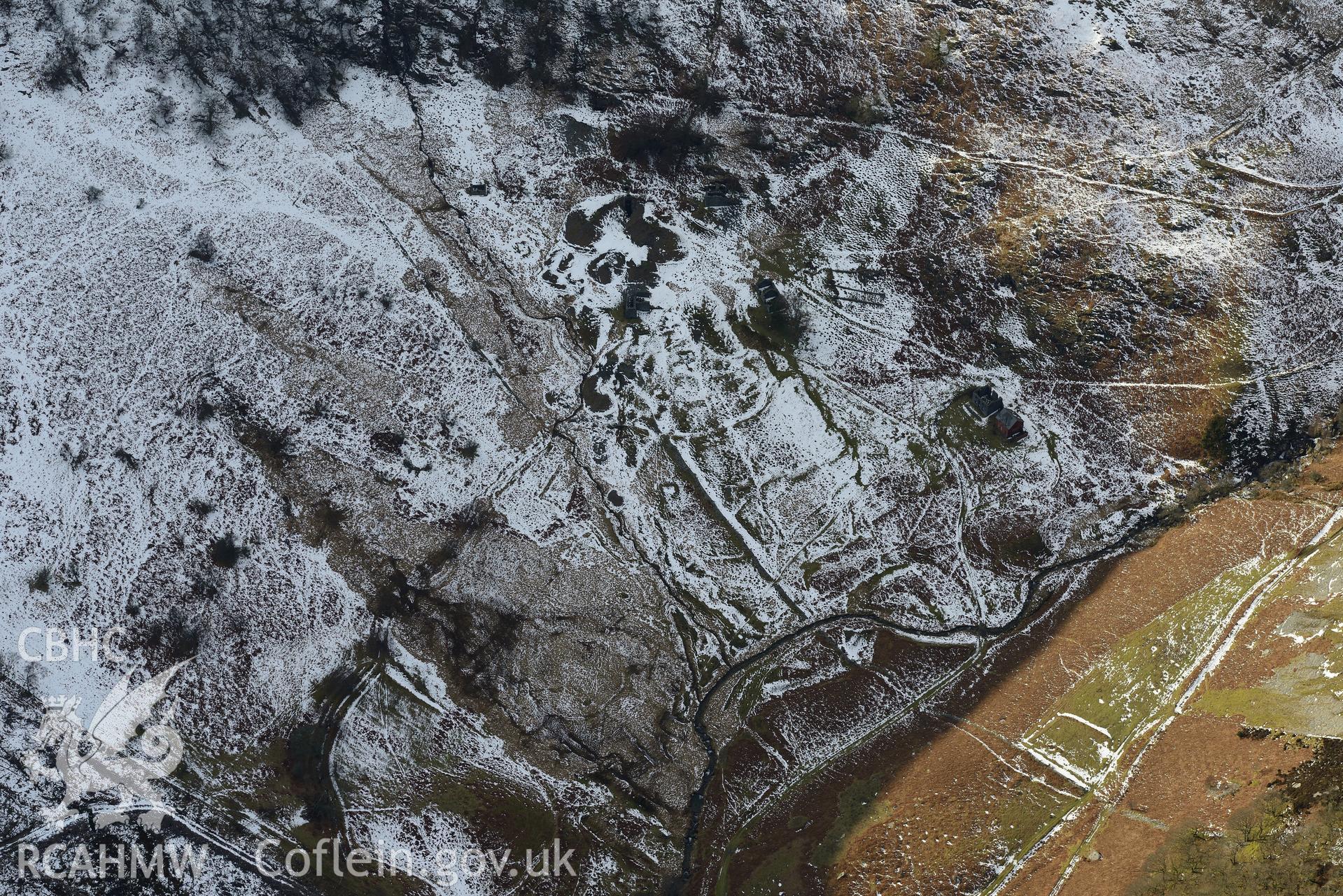 Site of Cwm Elan lead mine complex near Rhayader. Oblique aerial photograph taken during the Royal Commission's programme of archaeological aerial reconnaissance by Toby Driver on 4th February 2015.