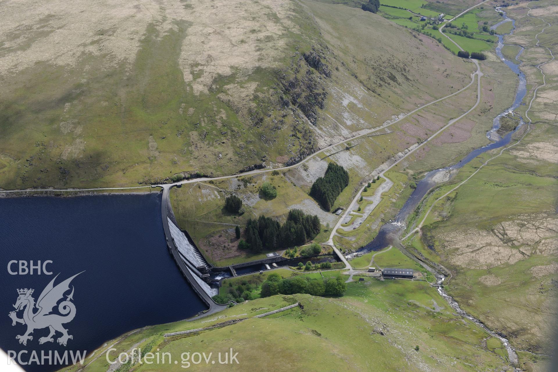 Claerwen Dam and Reservoir, Elan Valley Water Scheme. Oblique aerial photograph taken during the Royal Commission's programme of archaeological aerial reconnaissance by Toby Driver on 3rd June 2015.