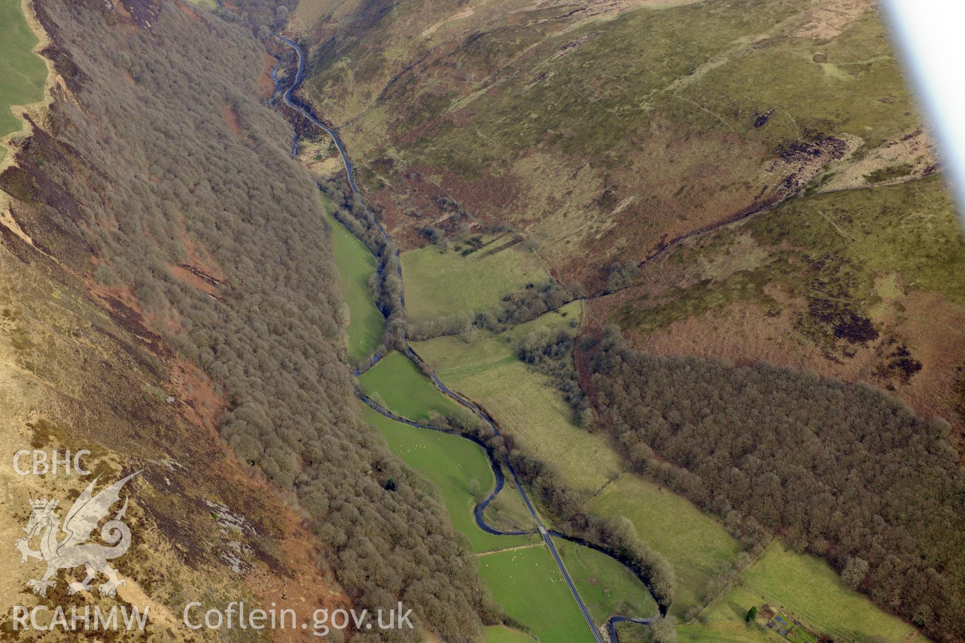 The Dolau Cothi Aqueduct in the Cothi valley, south east of Lampeter. Oblique aerial photograph taken during the Royal Commission?s programme of archaeological aerial reconnaissance by Toby Driver on 28th February 2013.