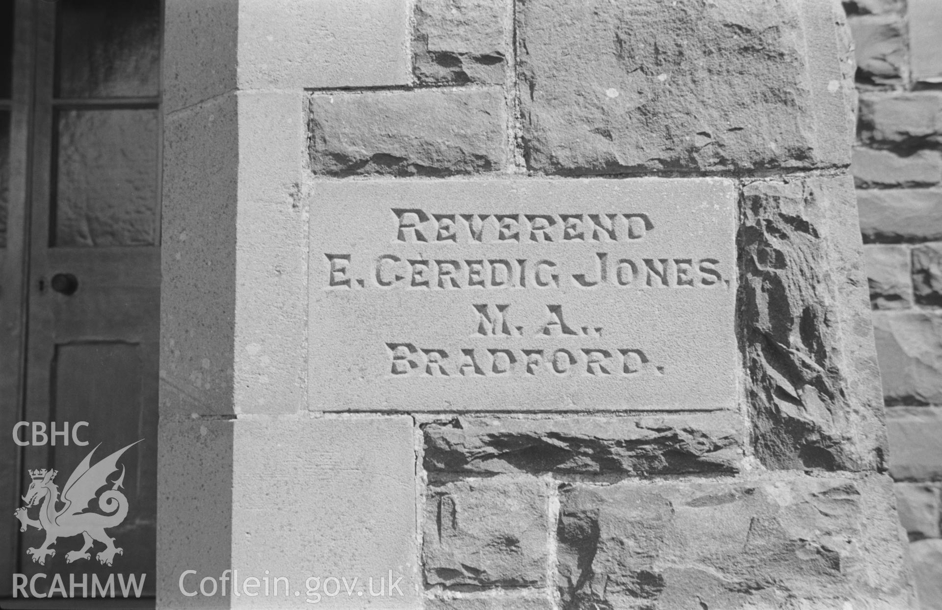 Digital copy of a black and white negative showing memorial stone to Reverend E. Ceredig Jones M. A., Bradford, at Ciliau Aeron Unitarian Chapel. Photographed by Arthur O. Chater in August 1967.