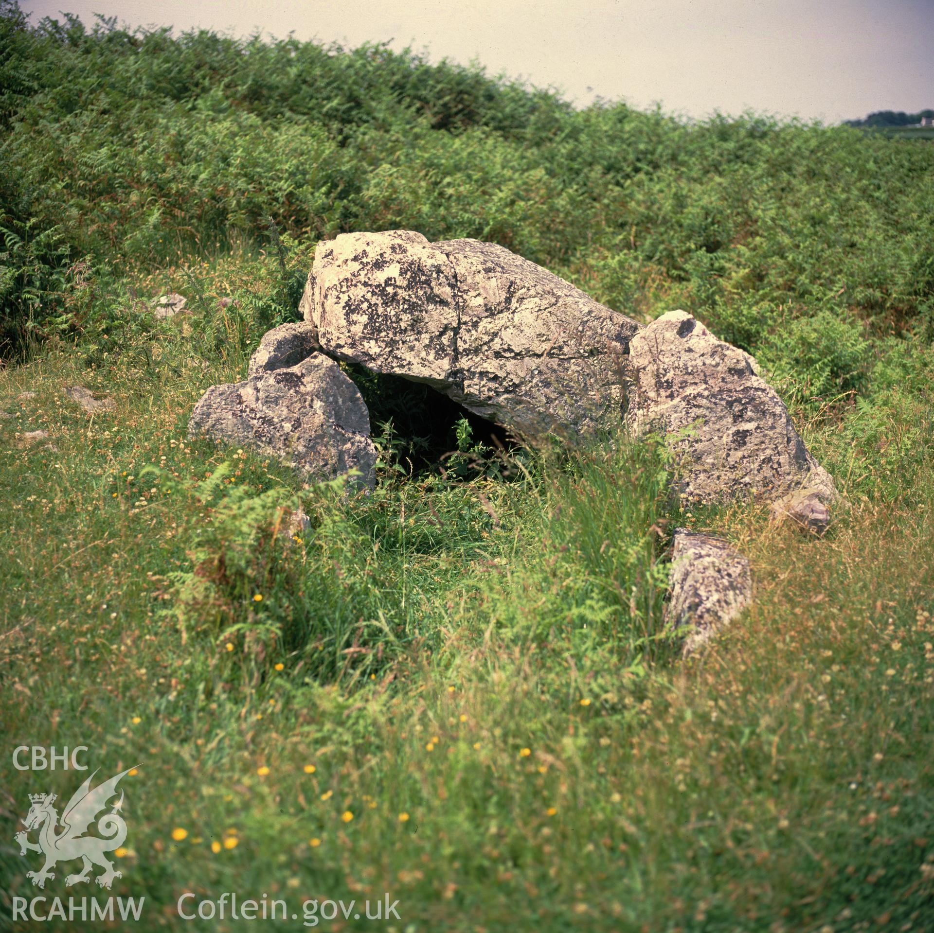 Digital copy of a colour negative showing Penmaen Burial Chamber, 1987.