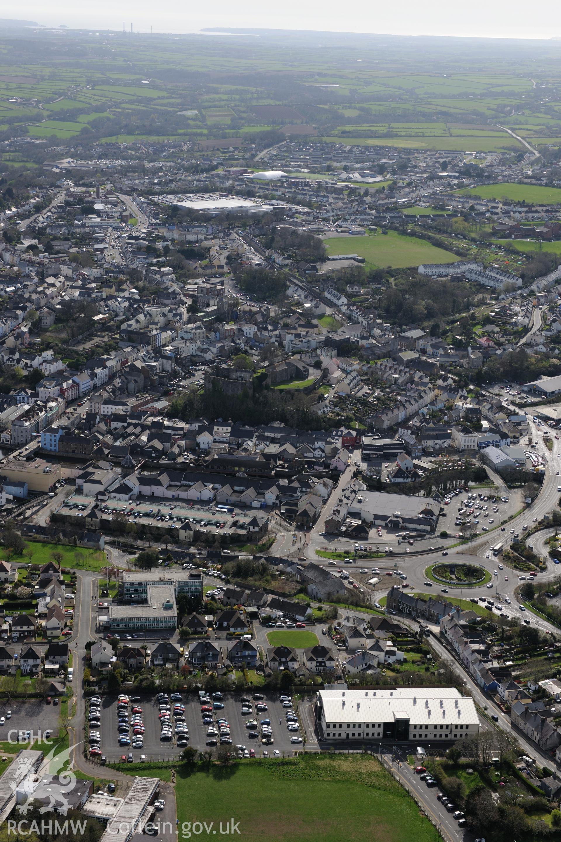 Haverford West, Haverfordwest Castle, and (former) Gaol. Oblique aerial photograph taken during the Royal Commission's programme of archaeological aerial reconnaissance by Toby Driver on 15th April 2015