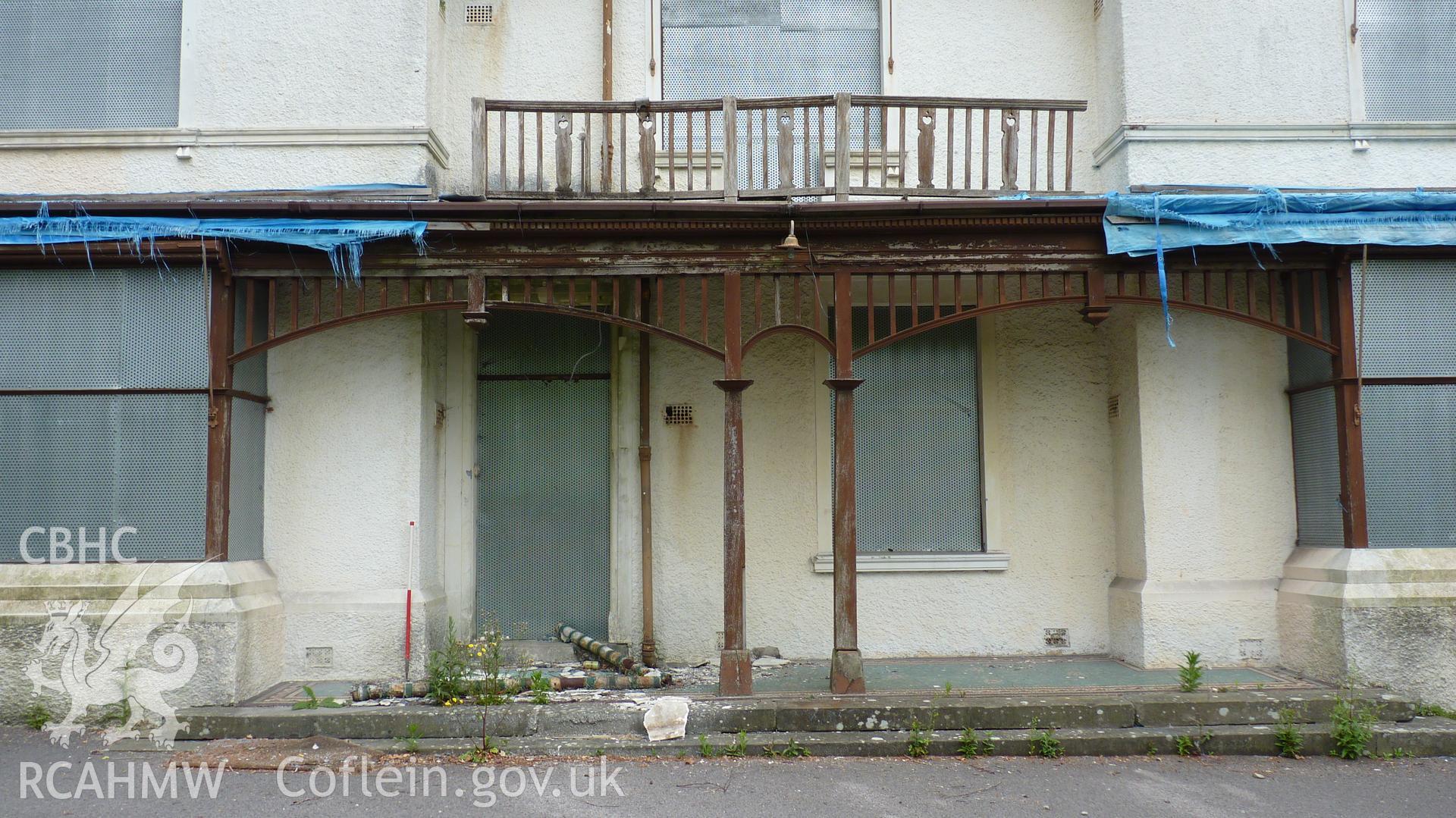 'Front entrance to Coed Parc, showing wooden veranda.' Photographed as part of archaeological work at Coed Parc, Newcastle, Bridgend, carried out by Archaeology Wales, 2016. Project no. P2432.