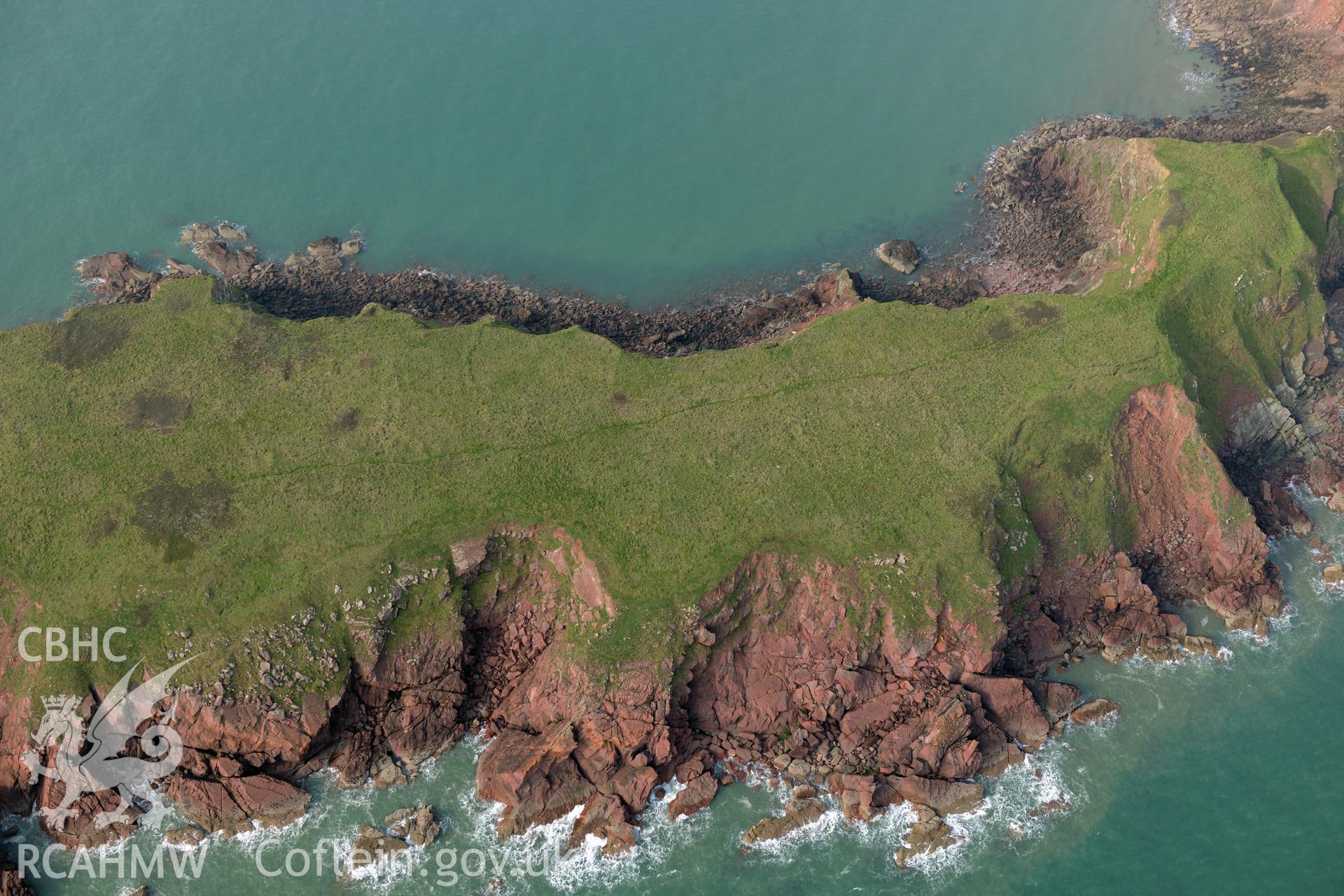 Aerial photography of Gateholm taken on 27th March 2017. Baseline aerial reconnaissance survey for the CHERISH Project. ? Crown: CHERISH PROJECT 2019. Produced with EU funds through the Ireland Wales Co-operation Programme 2014-2020. All material made freely available through the Open Government Licence.