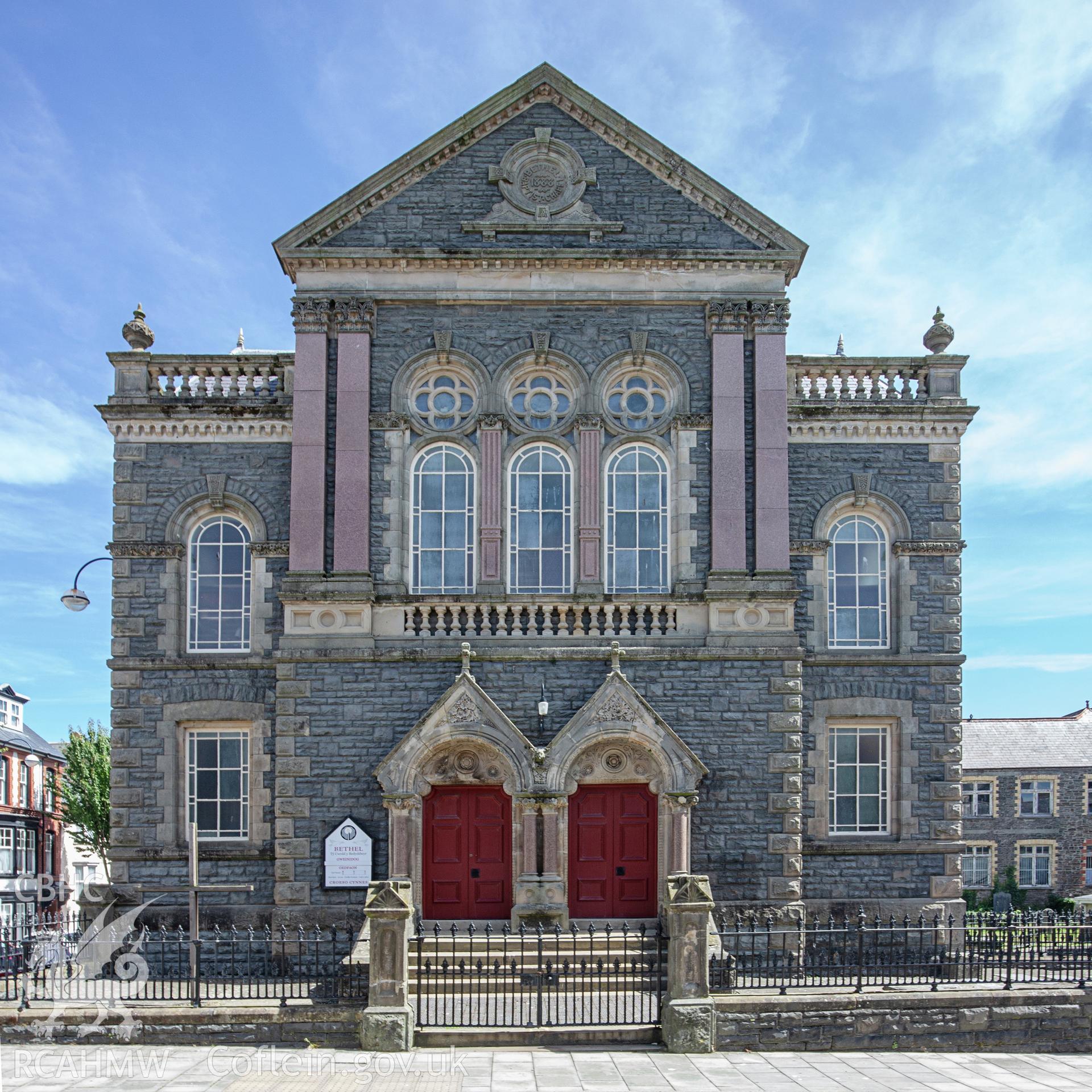 Colour photograph showing front elevation and entrance of Seion Welsh Independent Chapel, Baker Street, Aberystwyth. Photographed by Richard Barrett on 25th June 2018.