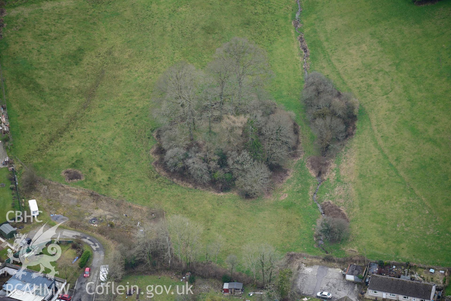 Parc-y-Domen motte, Cenarth. Oblique aerial photograph taken during the Royal Commission's programme of archaeological aerial reconnaissance by Toby Driver on 13th March 2015.