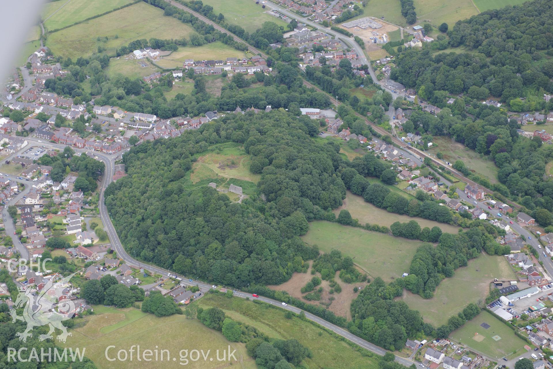 Caergwrle and Caergwrle Castle. Oblique aerial photograph taken during the Royal Commission's programme of archaeological aerial reconnaissance by Toby Driver on 30th July 2015.