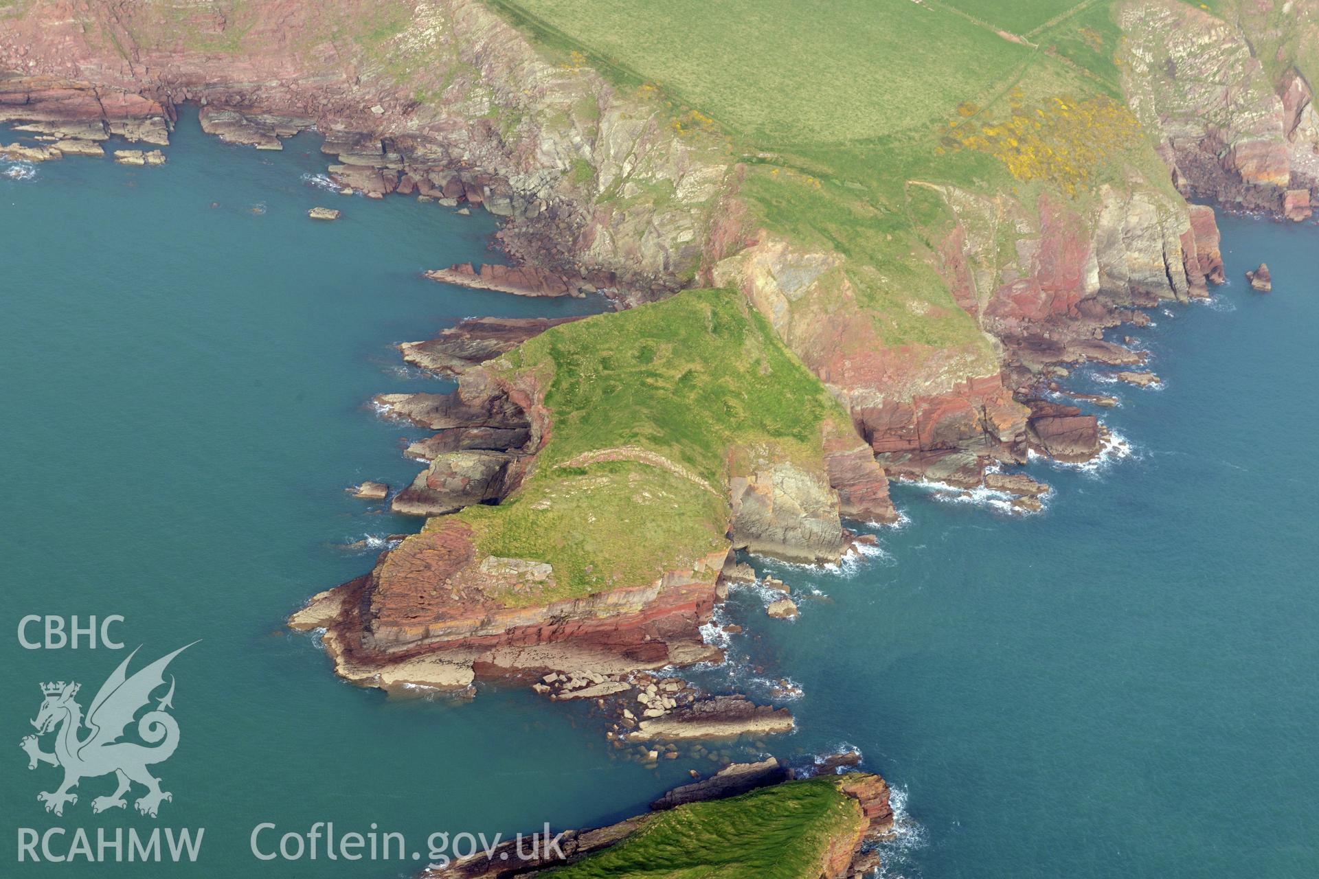 Royal Commission aerial photograph of Sheep Island taken on 27th March 2017. Baseline aerial reconnaissance survey for the CHERISH Project. ? Crown: CHERISH PROJECT 2019. Produced with EU funds through the Ireland Wales Co-operation Programme 2014-2020. All material made freely available through the Open Government Licence.