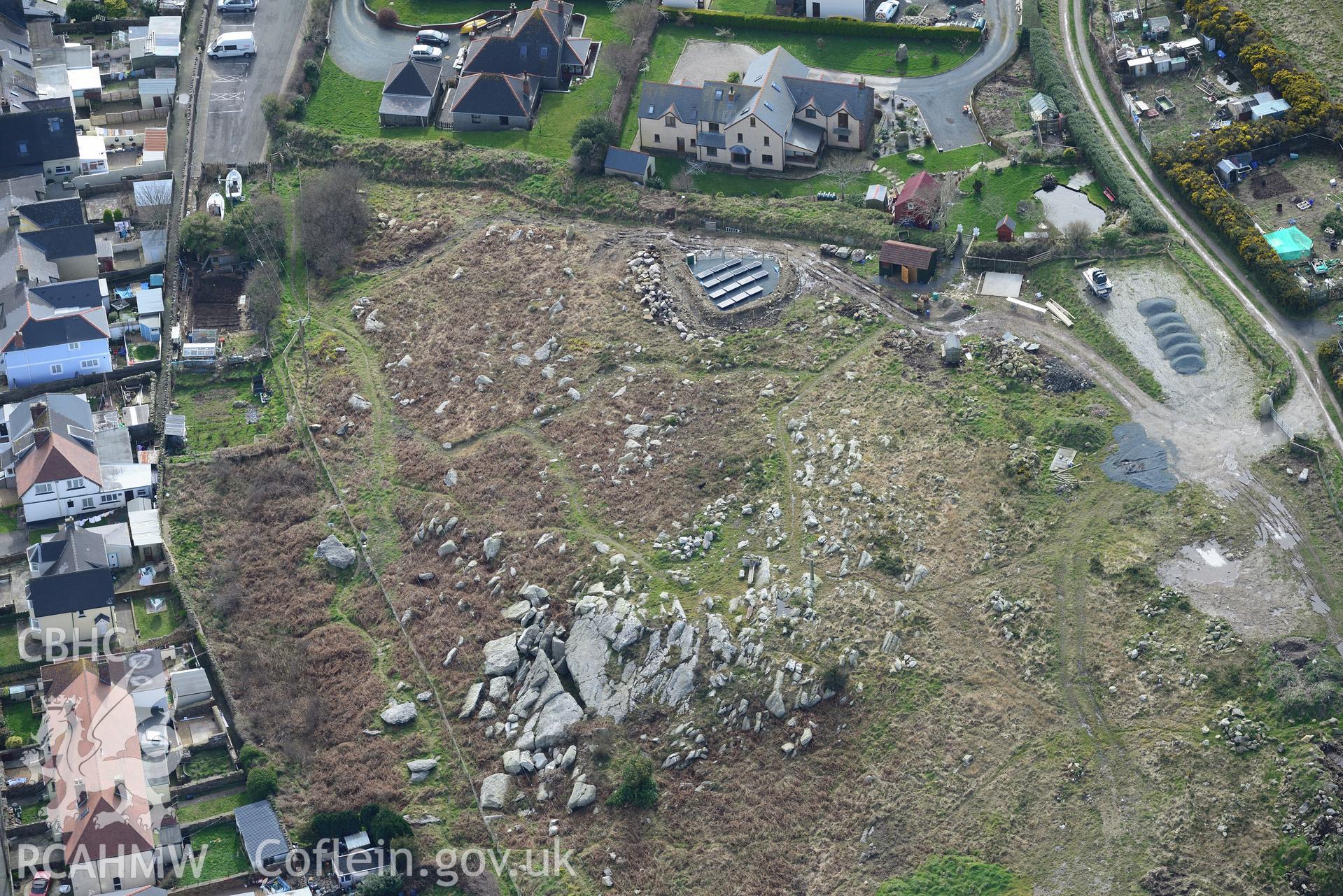 Carreg Samson or Carn Wen burial chambers and Harbour garden village, Fishguard. Oblique aerial photograph taken during the Royal Commission's programme of archaeological aerial reconnaissance by Toby Driver on 13th November 2015.