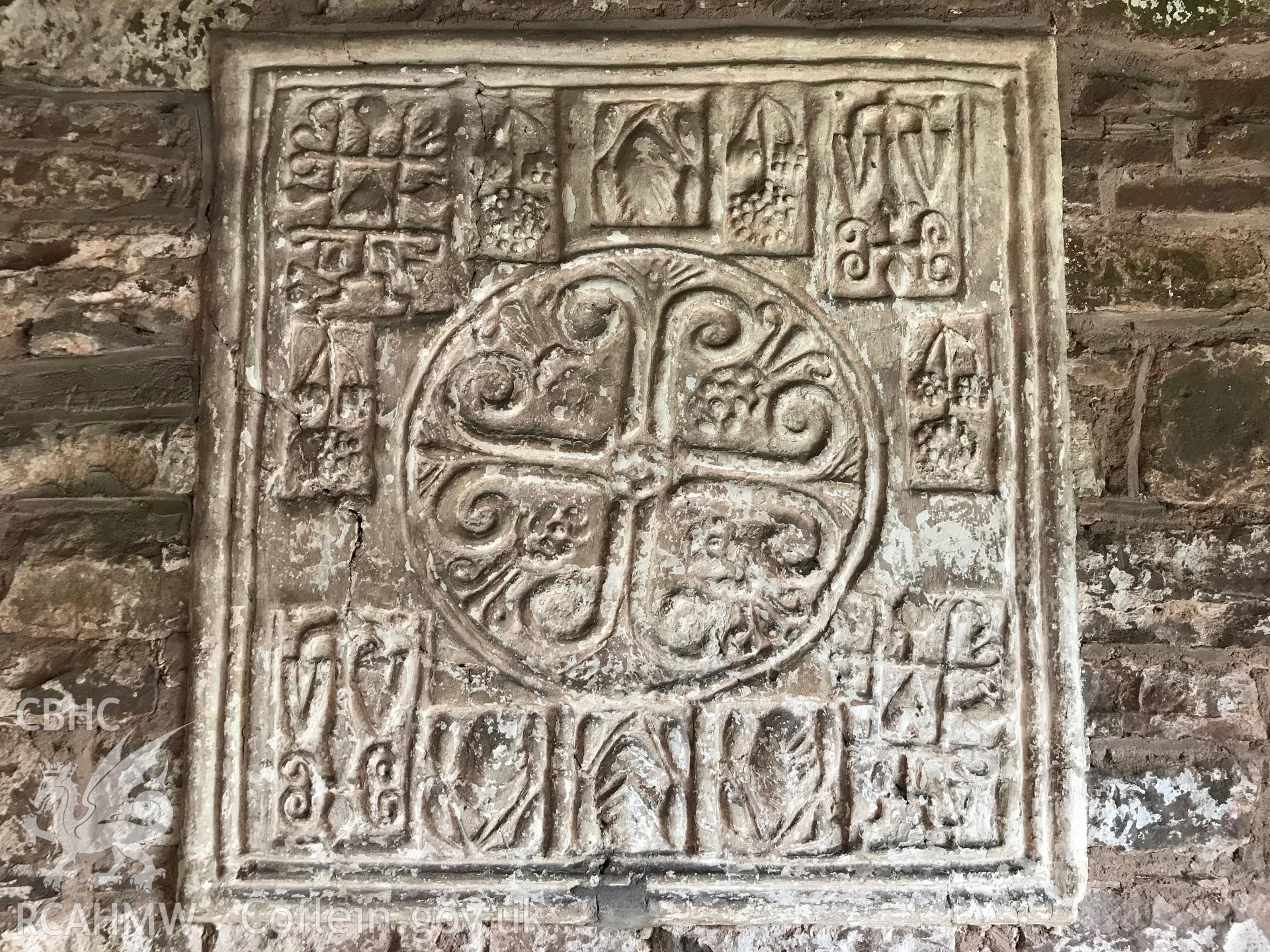 Detailed view of engraving at St. Martin's church, Cwmyoy. Colour photograph taken by Paul R. Davis on 1st January 2019.