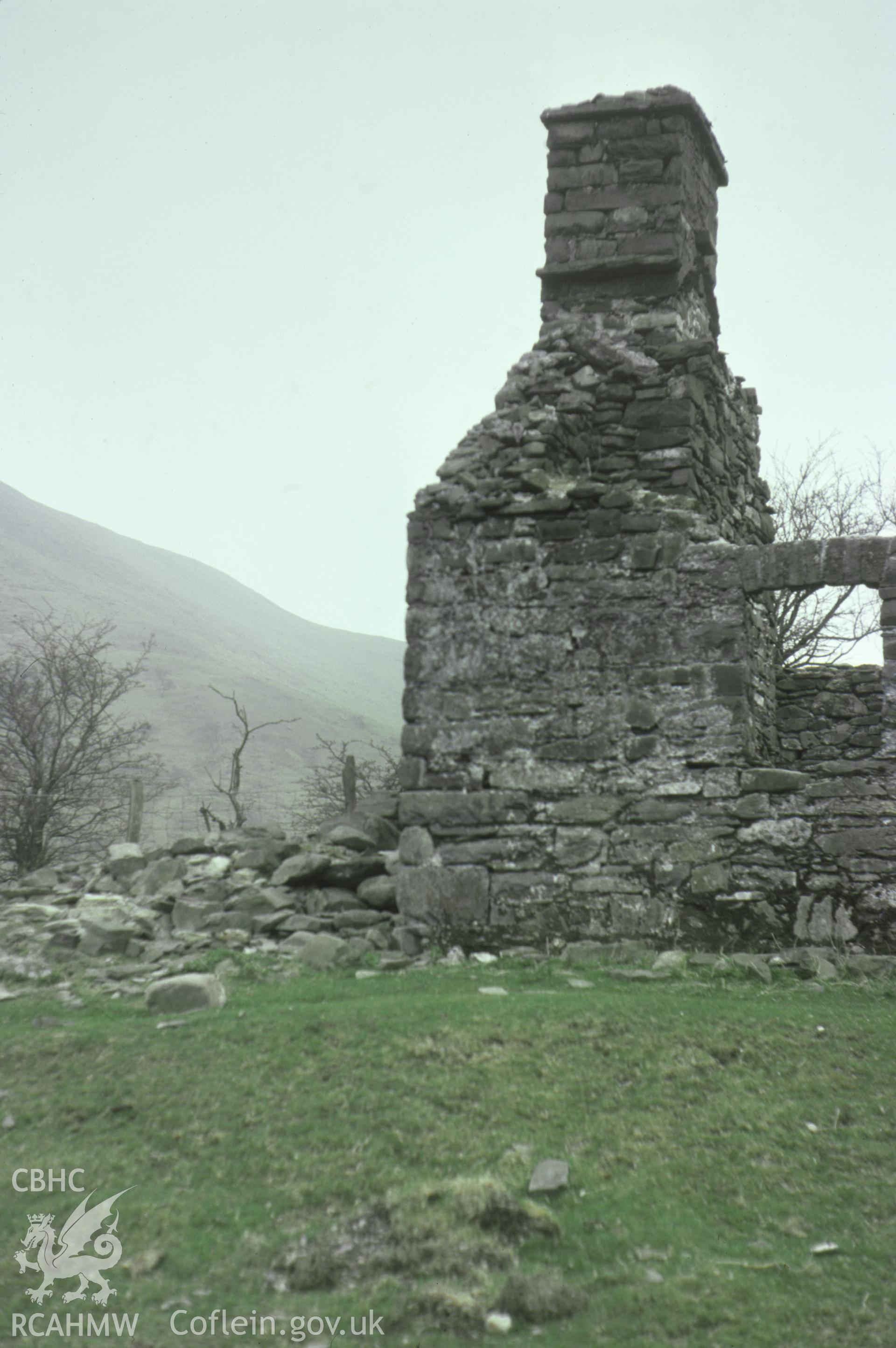 Digital copy of a colour slide produced by Stephen Hughes and dated 1976, showing a view of Building at Cwmystwyth Lead Mine Complex.