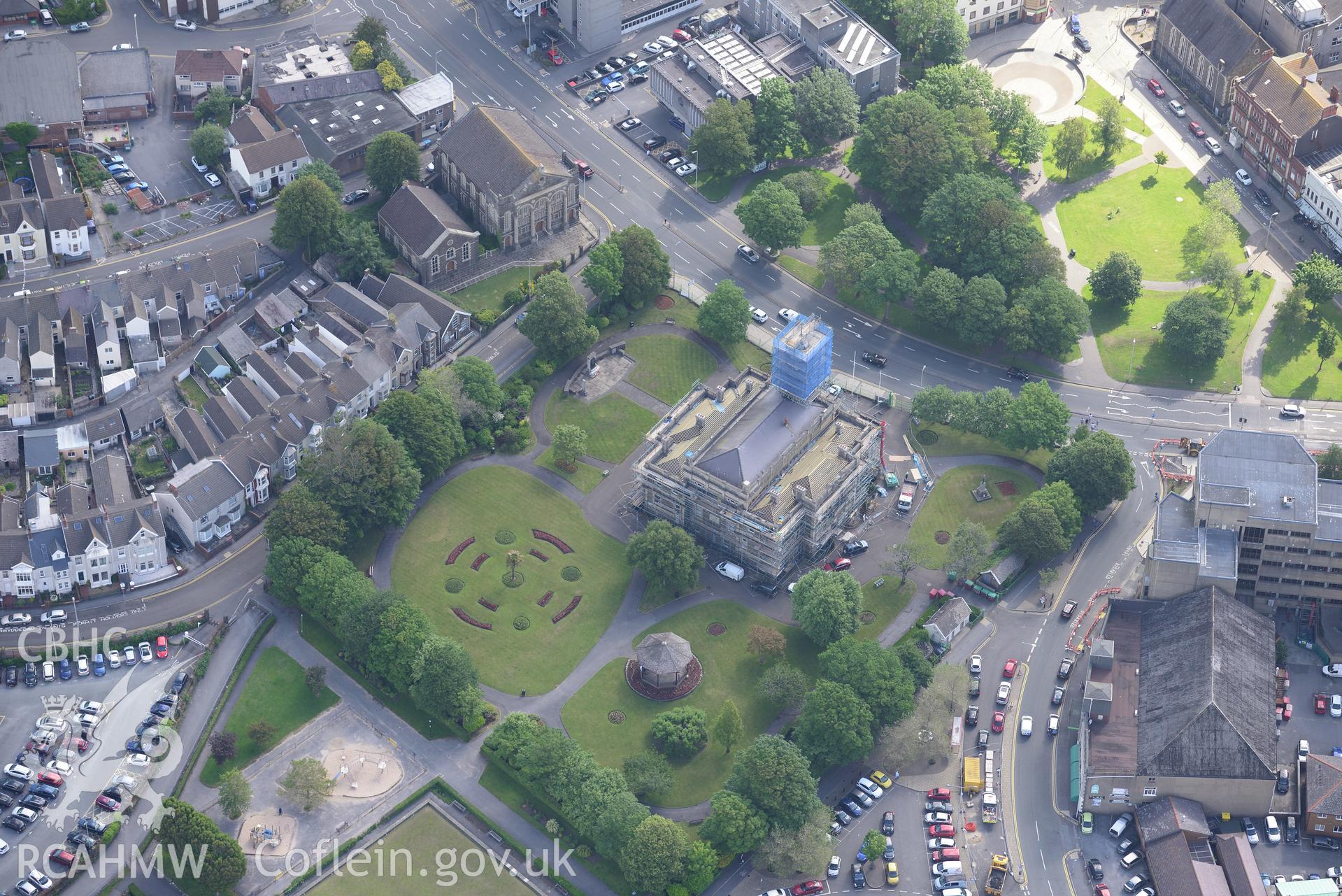 Town Hall (under scaffolding); Tabernacl Independent Chapel and War Memorial, Llanelli. Oblique aerial photograph taken during the Royal Commission's programme of archaeological aerial reconnaissance by Toby Driver on 19th June 2015.